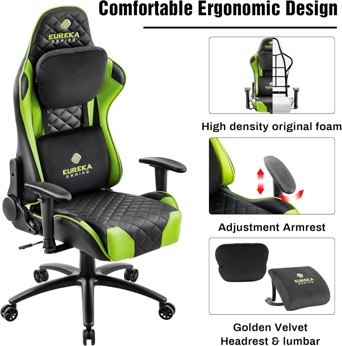 Gaming Chair Gamer Chair Computer Game Chair,Ergonomic Backrest and Seat Height Adjustable Swivel Recliner Desk Chairs with Headrest and Lumbar Pillow,Gamer Chair for Teens (Green)