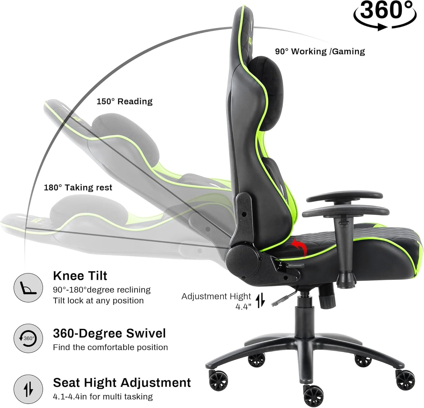 Gaming Chair Gamer Chair Computer Game Chair,Ergonomic Backrest and Seat Height Adjustable Swivel Recliner Desk Chairs with Headrest and Lumbar Pillow,Gamer Chair for Teens (Green)