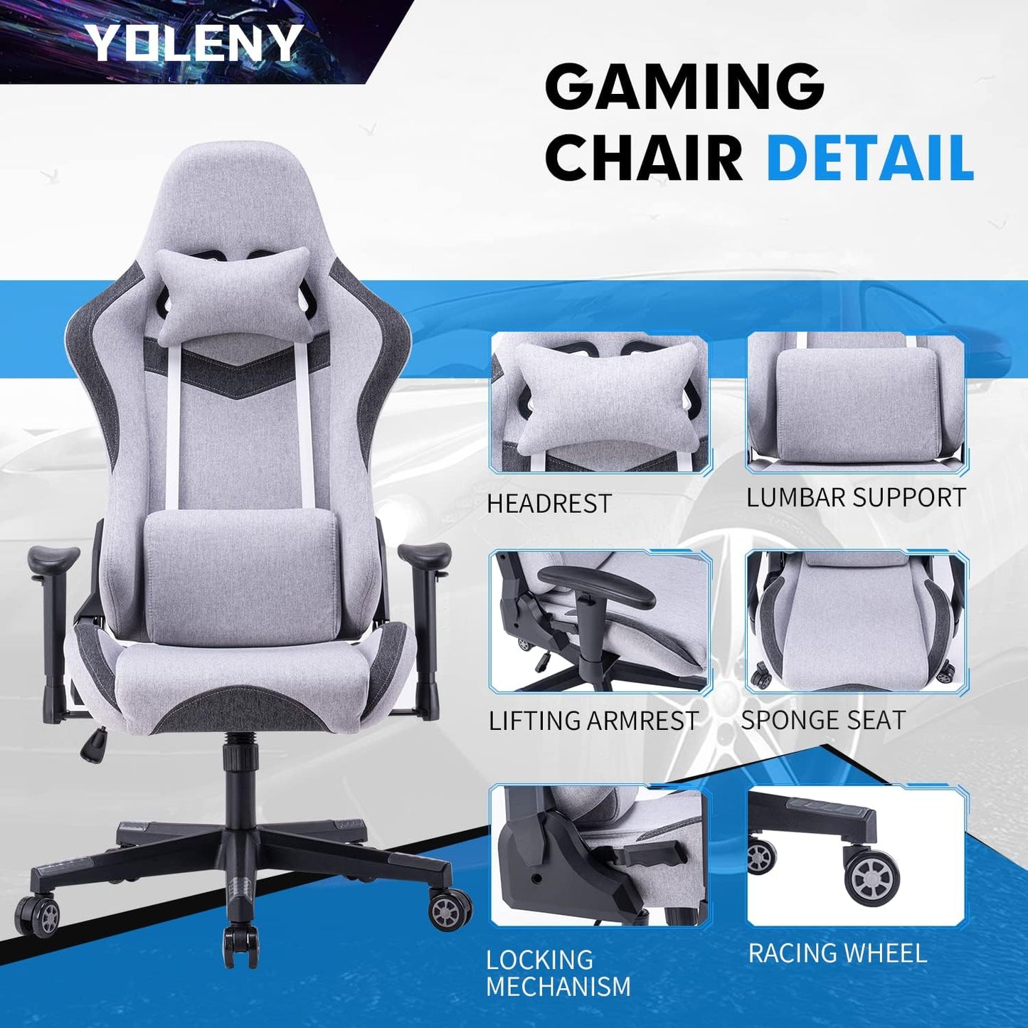 Gaming Chair, Fabric Gaming Chair, Computer Game Chair Office Chair Ergonomic High Back PC Desk Chair, Height Adjustment Swivel Rocker with Headrest and Support Lumbar Pillow, Gray