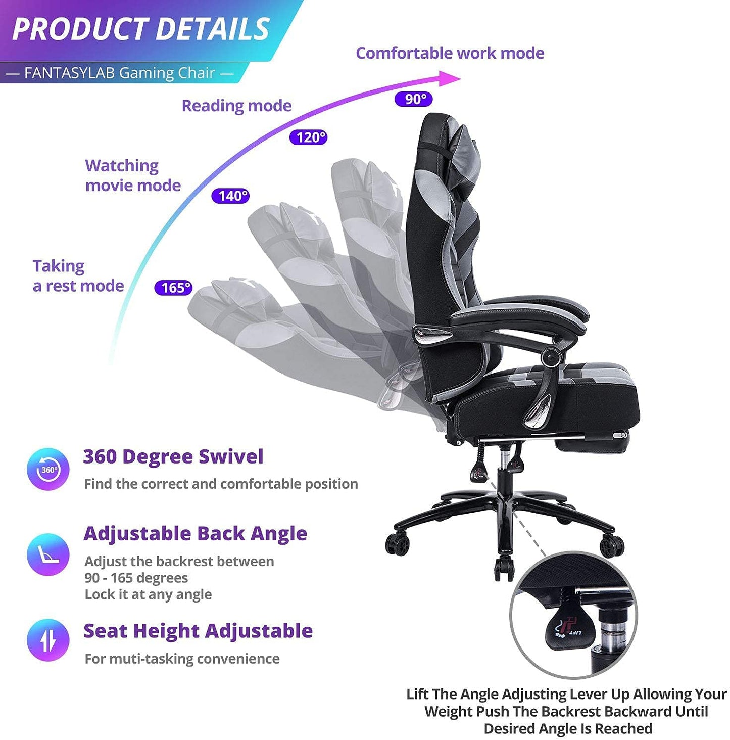 Racing Gaming Chair with Footrest Massage, 400Lb Capacity, Black, Modern Style, Ergonomic Desk Chair, Recliner, Leather Memory Foam, Office & Gaming Use