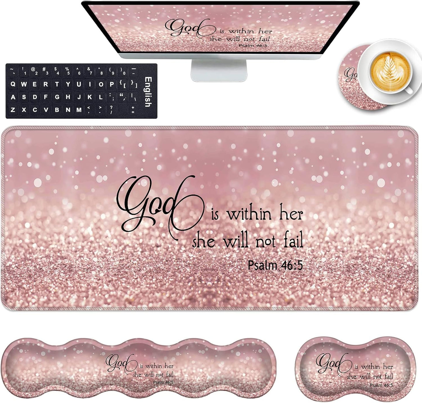 Keyboard Wrist Rest and Mouse Pad with Wrist Support Set Ergonomic Coaster,Memory Foam,Easy Typing Pain Relief,Large XL Desk Mat 31.5"X 11.8",Rose Gold Glitter Quote Bible Verse Psalm 46-5