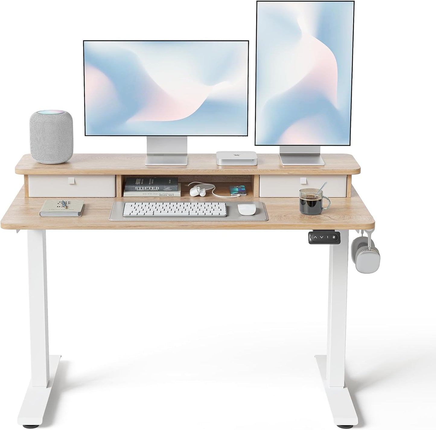 48 X 24 Inch Height Adjustable Electric Standing Desk with Double Drawer, Computer Desk, Home Office Stand up Table with 4 Height-Adjustable Feets & 2 Hooks, Maple
