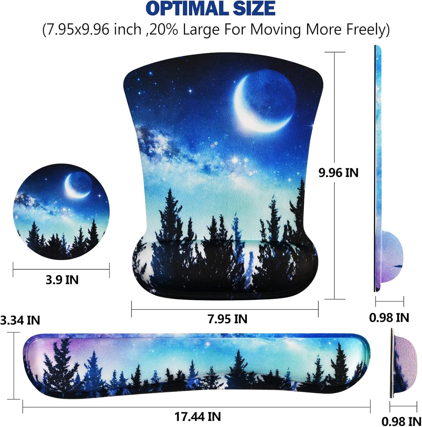 Ergonomic Keyboard Wrist Rest and Mouse Pad with Wrist Support Set, Memory Foam Non-Slip Rubber Base, for Gaming, Working, Home, Office, Easy Typing, Pain Relief, Forest Moon Sky