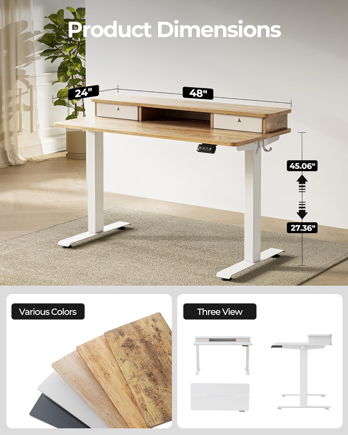 48 X 24 Inch Height Adjustable Electric Standing Desk with Double Drawer, Computer Desk, Home Office Stand up Table with 4 Height-Adjustable Feets & 2 Hooks, Maple