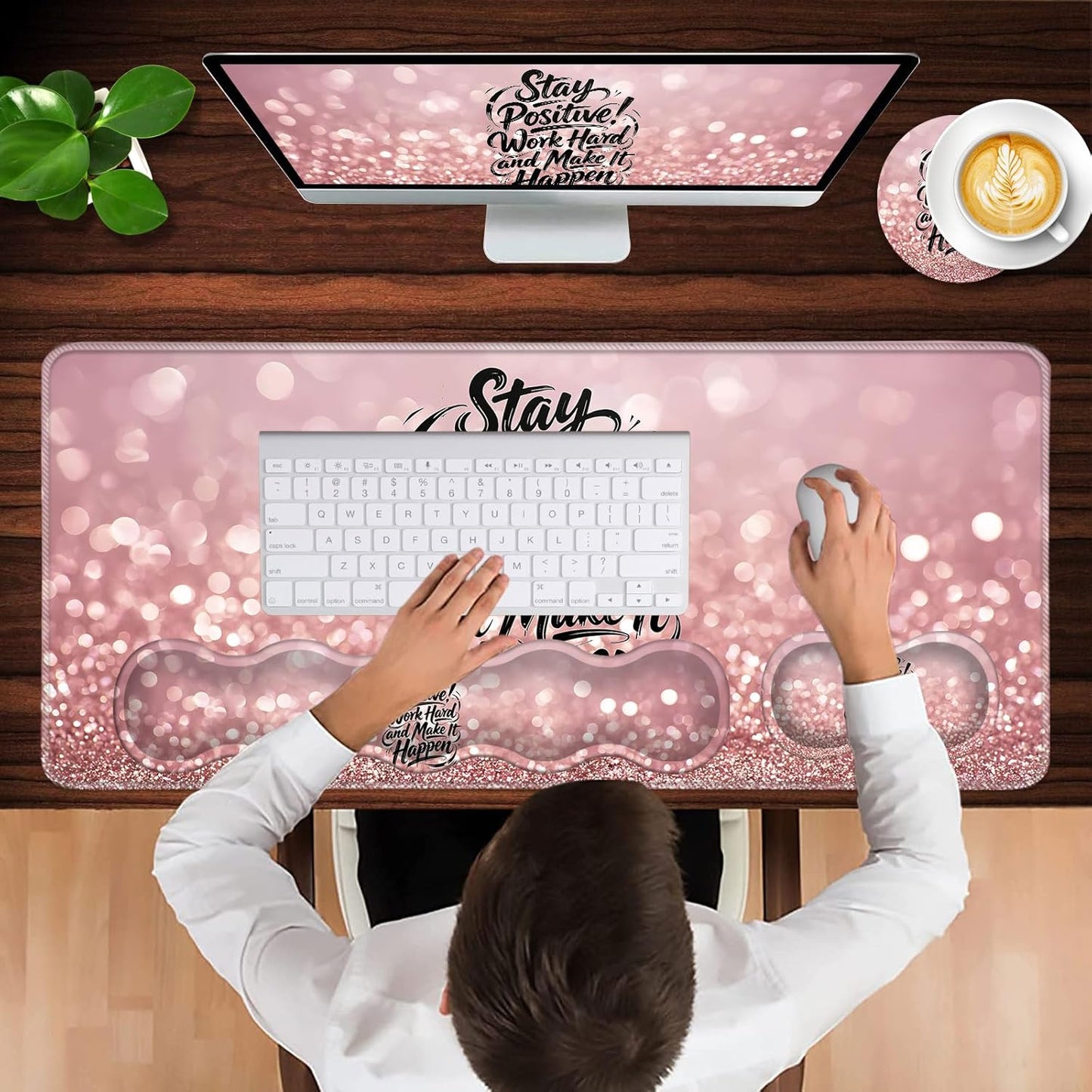 Keyboard Wrist Rest and Mouse Pad with Wrist Support Set Ergonomic Coaster,Memory Foam,Easy Typing Pain Relief,Large XL Desk Mat 31.5"X 11.8",Stay Positive Work Hard and Make It Happen Motivational