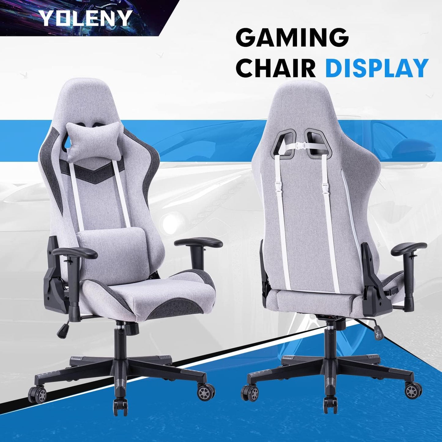 Gaming Chair, Fabric Gaming Chair, Computer Game Chair Office Chair Ergonomic High Back PC Desk Chair, Height Adjustment Swivel Rocker with Headrest and Support Lumbar Pillow, Gray
