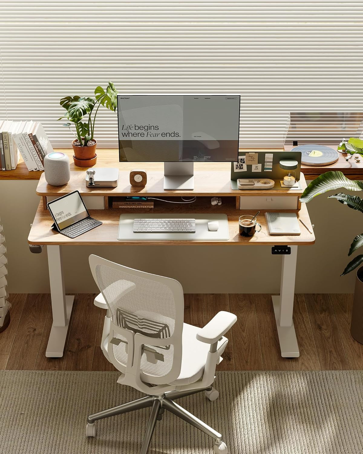 48 X 24 Inch Height Adjustable Electric Standing Desk with Double Drawer, Computer Desk, Home Office Stand up Table with 4 Height-Adjustable Feets & 2 Hooks, Maple
