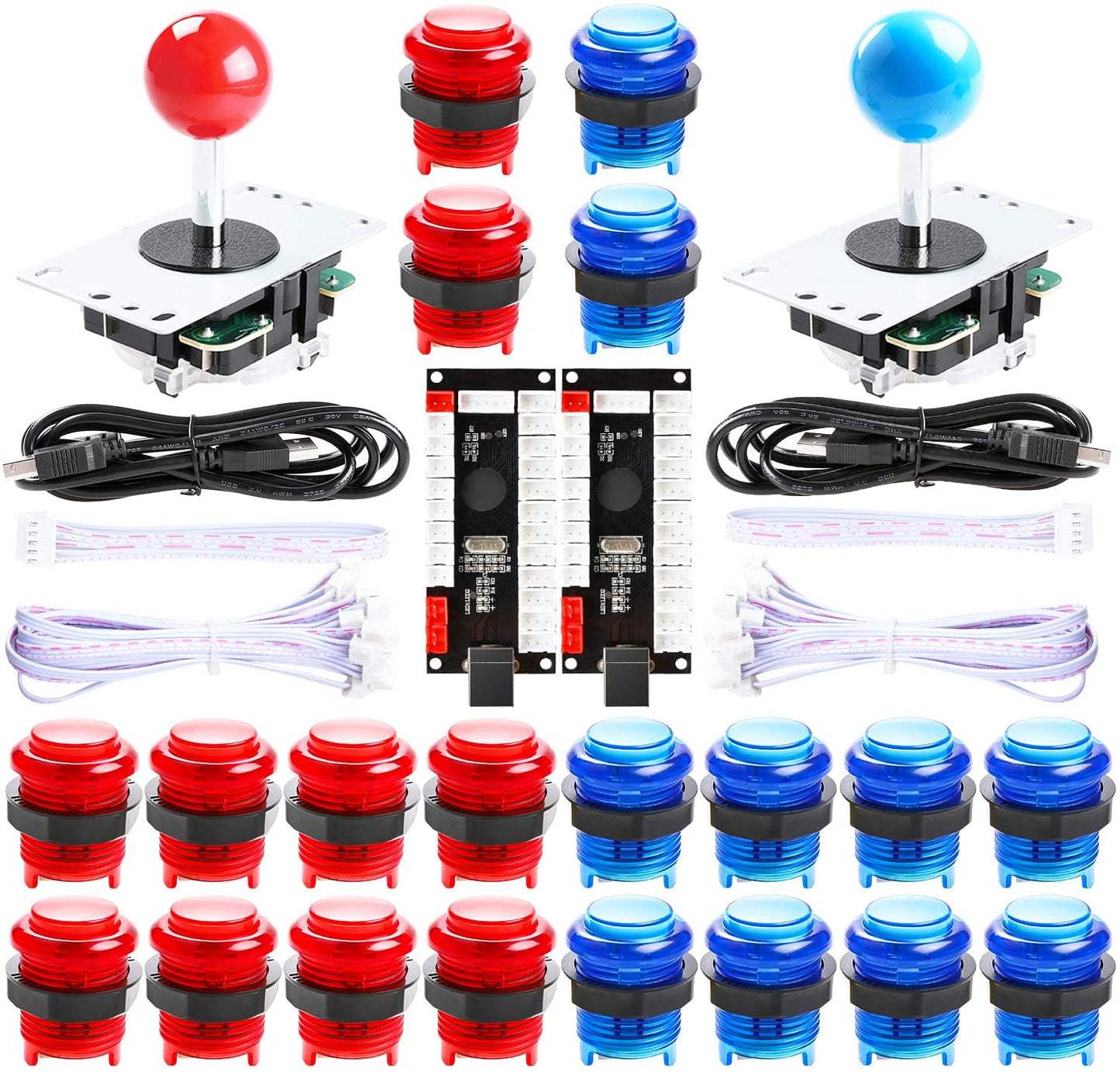 2-Player LED Arcade DIY Kit for USB MAME PC Game DIY & Raspberry Pi Retro Controller DIY Including 2X Arcade Joystick, 20X LED Arcade Buttons, 2X Zero Delay USB Encoder (Blue & Red)