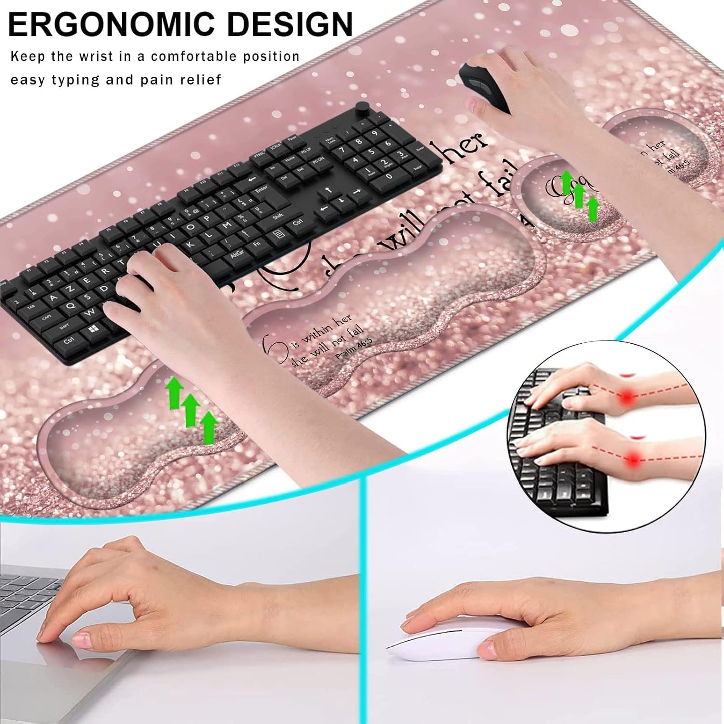 Keyboard Wrist Rest and Mouse Pad with Wrist Support Set Ergonomic Coaster,Memory Foam,Easy Typing Pain Relief,Large XL Desk Mat 31.5"X 11.8",Rose Gold Glitter Quote Bible Verse Psalm 46-5