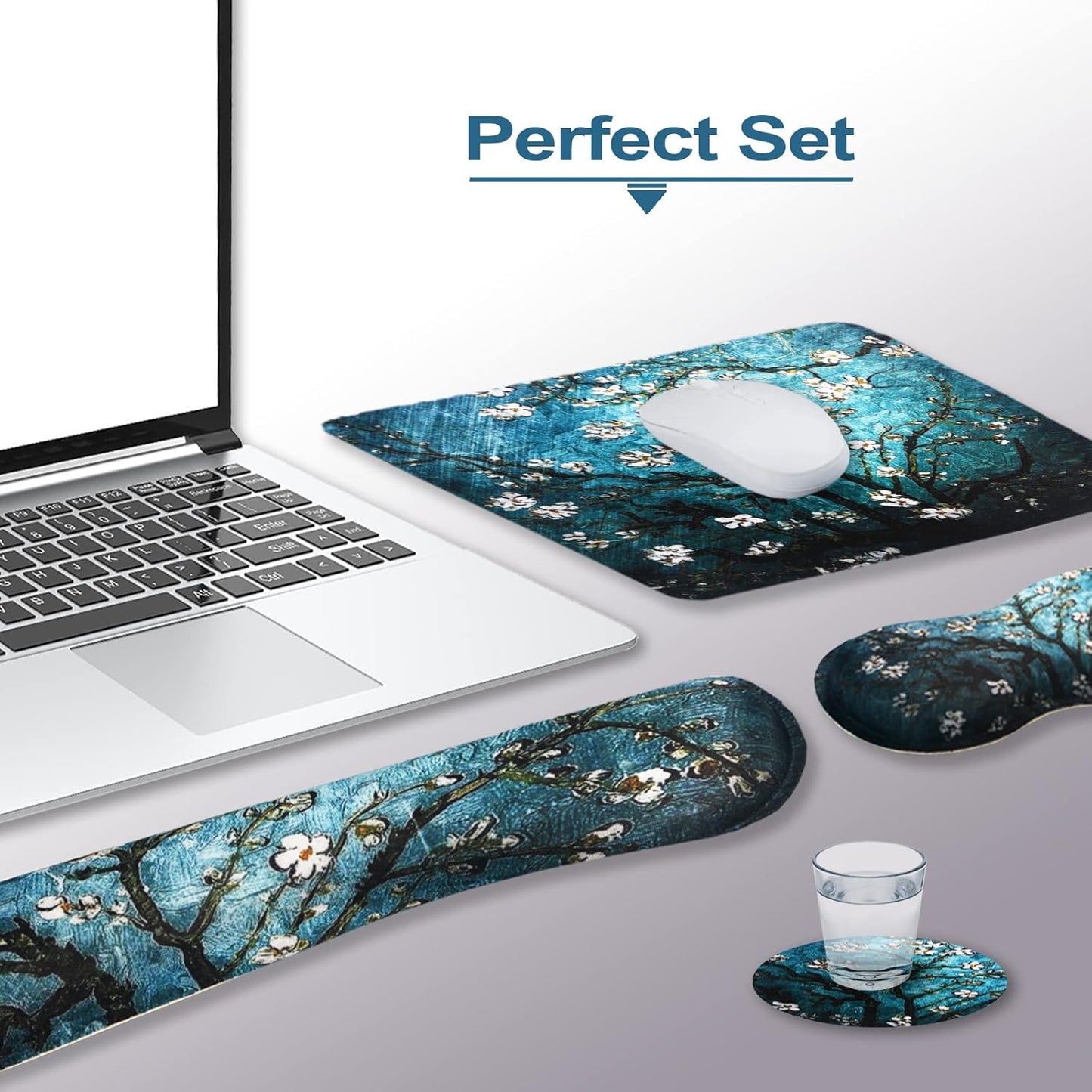 Keyboard Wrist Rest and Mouse Pad with Wrist Support Set Ergonomic Coaster, Memory Foam Mousepad Non-Slip Rubber Base Durable Comfortable for Easy Typing Pain Relief, Blue Van Gogh Painting
