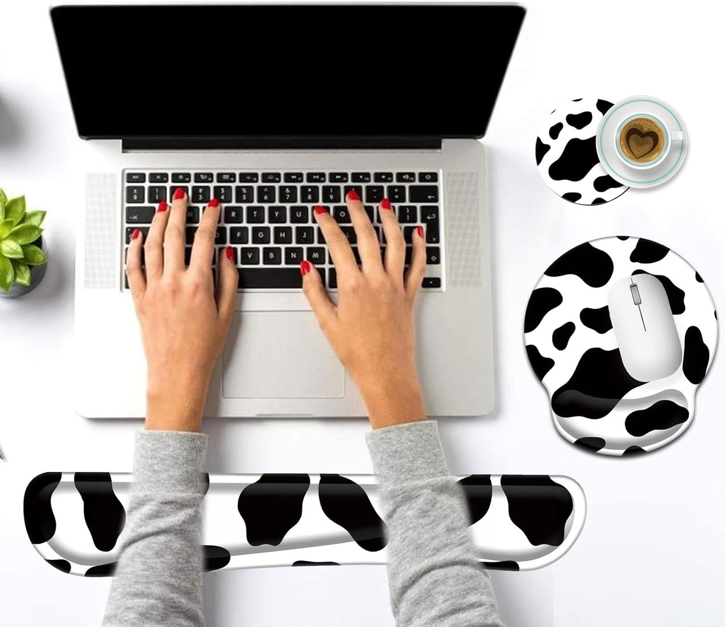 Keyboard Wrist Rest and Mouse Pad Wrist Support Set with Coasters,Ergonomic Gaming Mousepad for Home Office Working Studying Easy Typing & Pain Relief,Cow Print