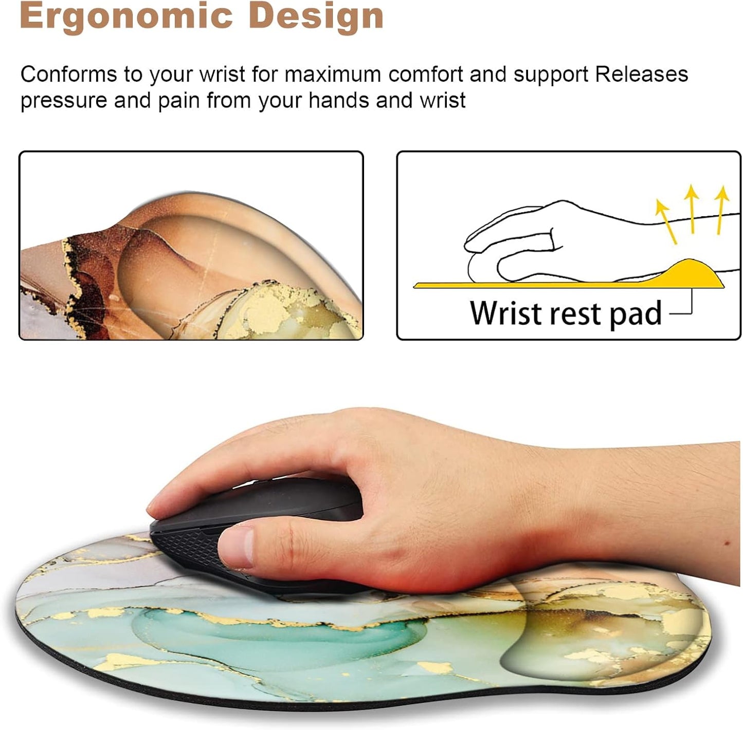 Ergonomic Mouse Pad with Wrist Rest Support, Memory Form Non-Slip Rubber Base Mousepad for Home, Office, Easy Typing & Pain Relief,Abstract Art Marble