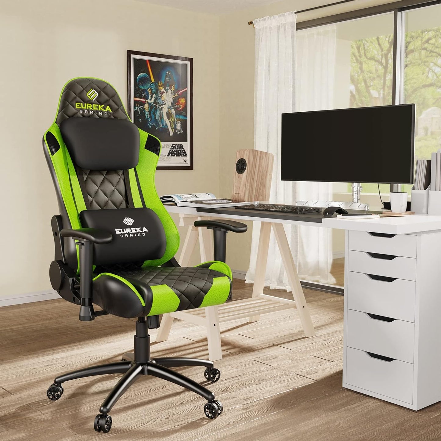 Gaming Chair Gamer Chair Computer Game Chair,Ergonomic Backrest and Seat Height Adjustable Swivel Recliner Desk Chairs with Headrest and Lumbar Pillow,Gamer Chair for Teens (Green)