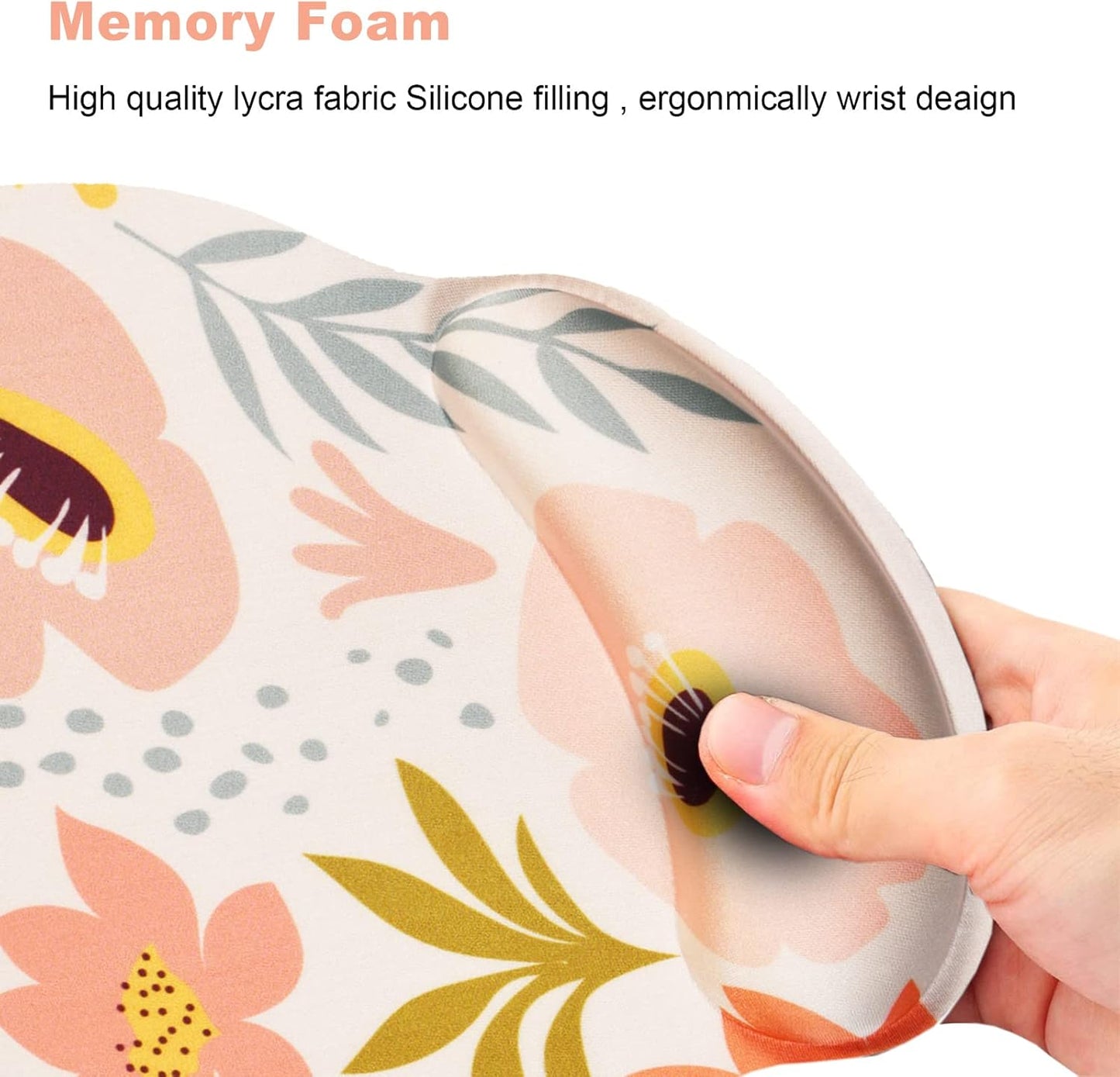 Ergonomic Mouse Pad with Wrist Rest Support, Memory Form Non-Slip Rubber Base Mousepad for Home, Office, Easy Typing & Pain Relief, Pink Flowers