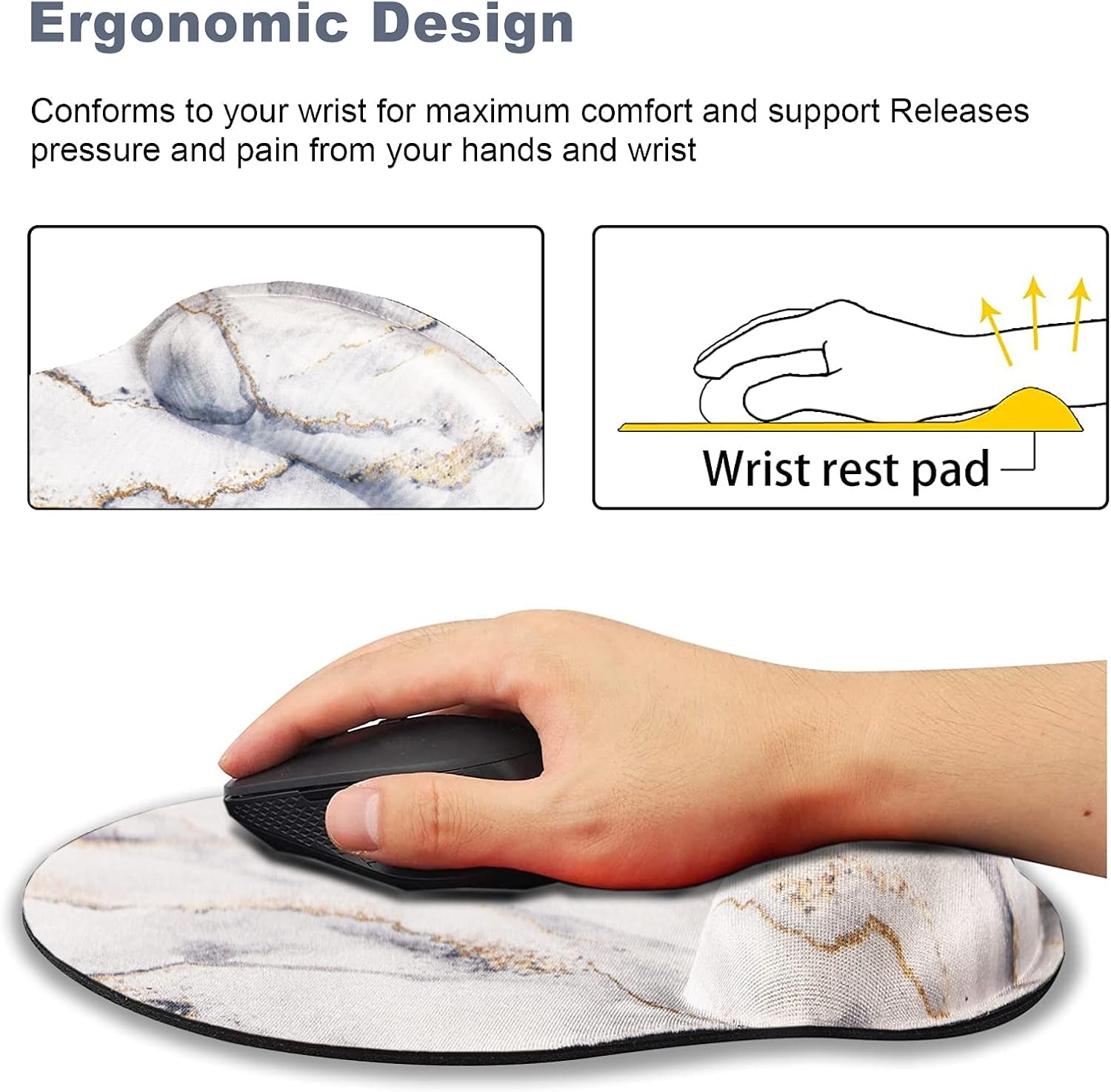 Ergonomic Mouse Pad with Wrist Rest Support Gel, Non Slip Rubber Base Pad Computer PC Laptop Women Men Mousepad for Home, Office, Gaming, Working Easy Typing, Pain Relief, Grey Marble
