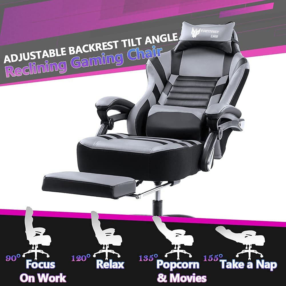 Racing Gaming Chair with Footrest Massage, 400Lb Capacity, Black, Modern Style, Ergonomic Desk Chair, Recliner, Leather Memory Foam, Office & Gaming Use