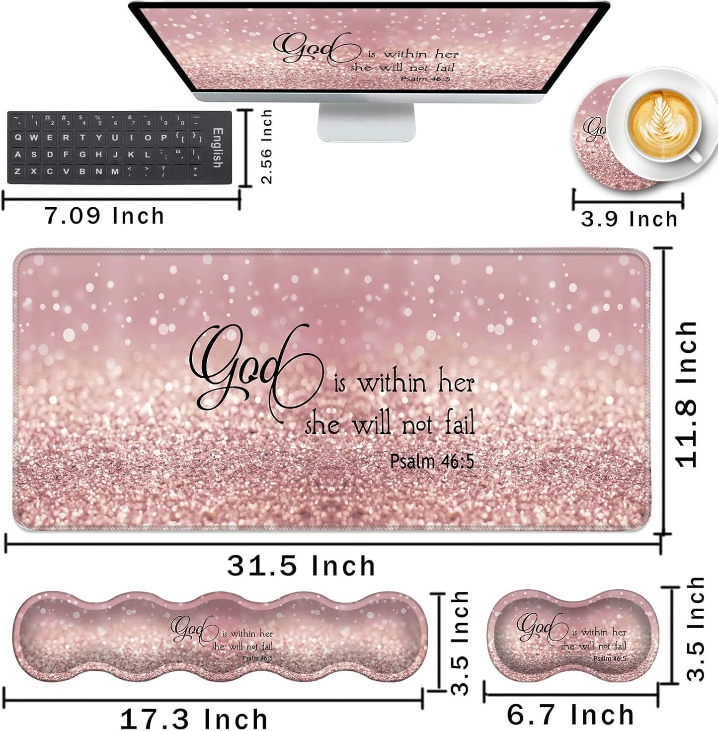 Keyboard Wrist Rest and Mouse Pad with Wrist Support Set Ergonomic Coaster,Memory Foam,Easy Typing Pain Relief,Large XL Desk Mat 31.5"X 11.8",Rose Gold Glitter Quote Bible Verse Psalm 46-5