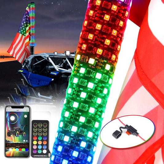 1PC 2FT Chasing LED Fat Whip Light High Density and High Brightness LED with Brake and Reverse Function-Remote and APP Control