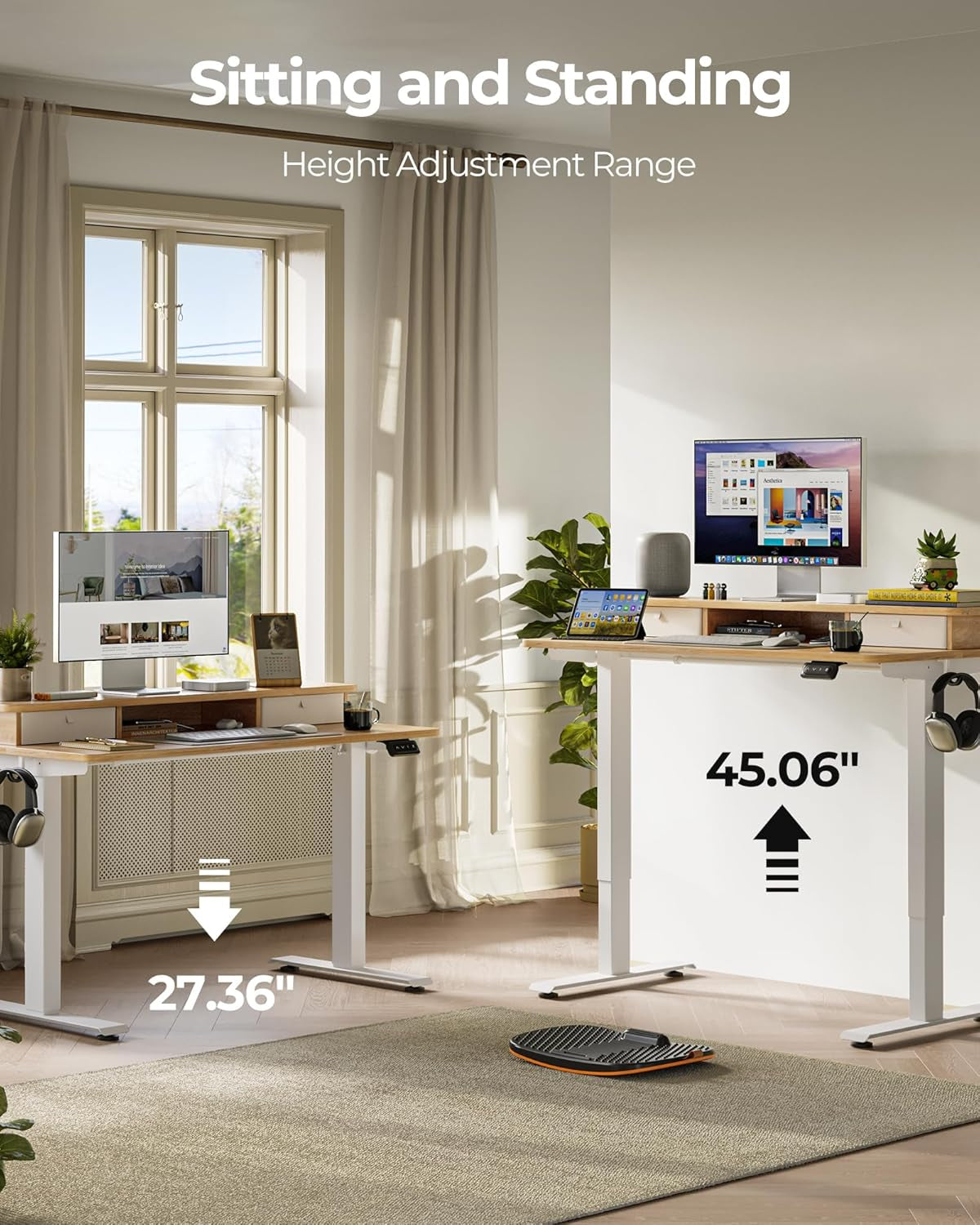48 X 24 Inch Height Adjustable Electric Standing Desk with Double Drawer, Computer Desk, Home Office Stand up Table with 4 Height-Adjustable Feets & 2 Hooks, Maple