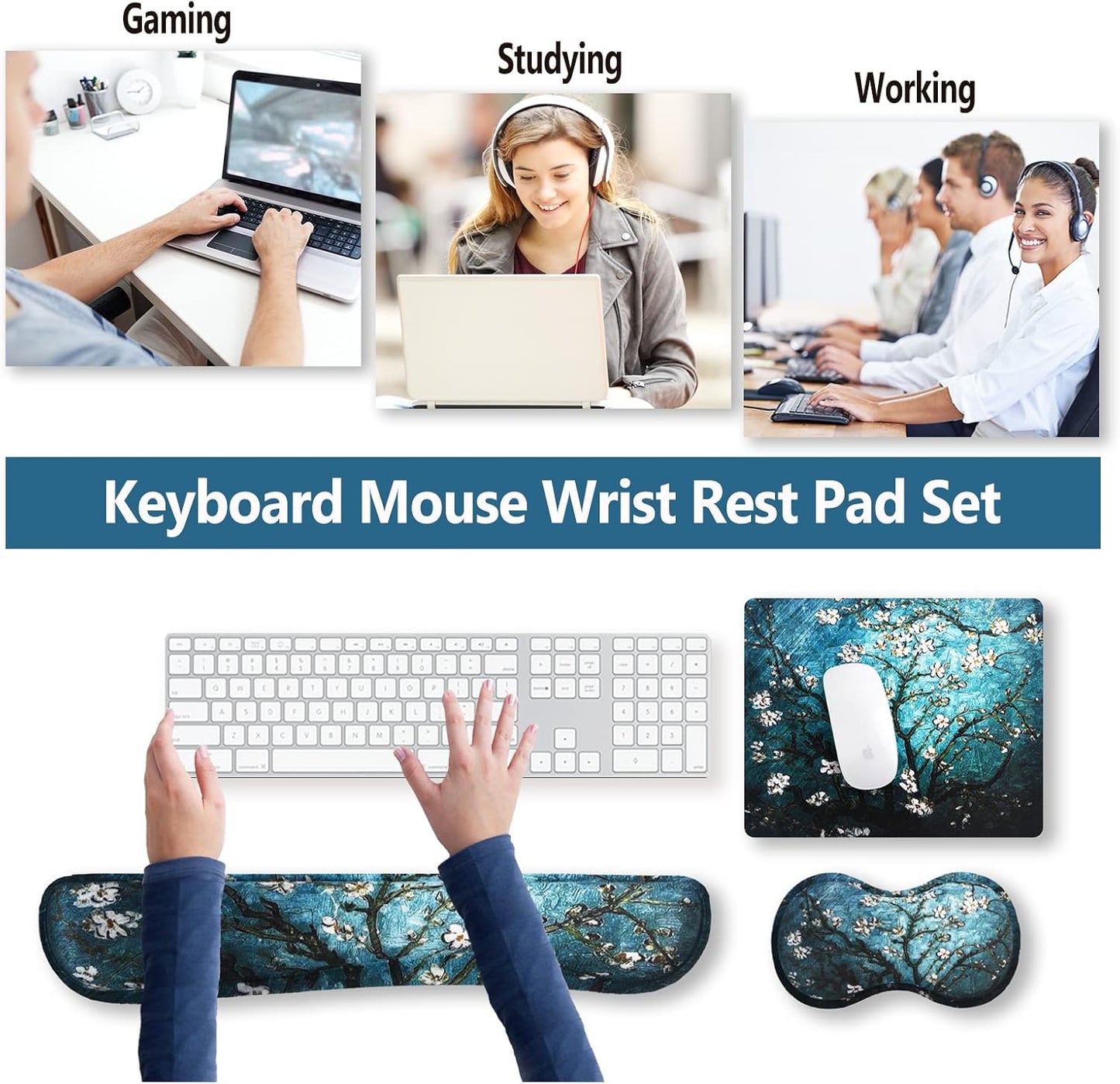 Keyboard Wrist Rest and Mouse Pad with Wrist Support Set Ergonomic Coaster, Memory Foam Mousepad Non-Slip Rubber Base Durable Comfortable for Easy Typing Pain Relief, Blue Van Gogh Painting