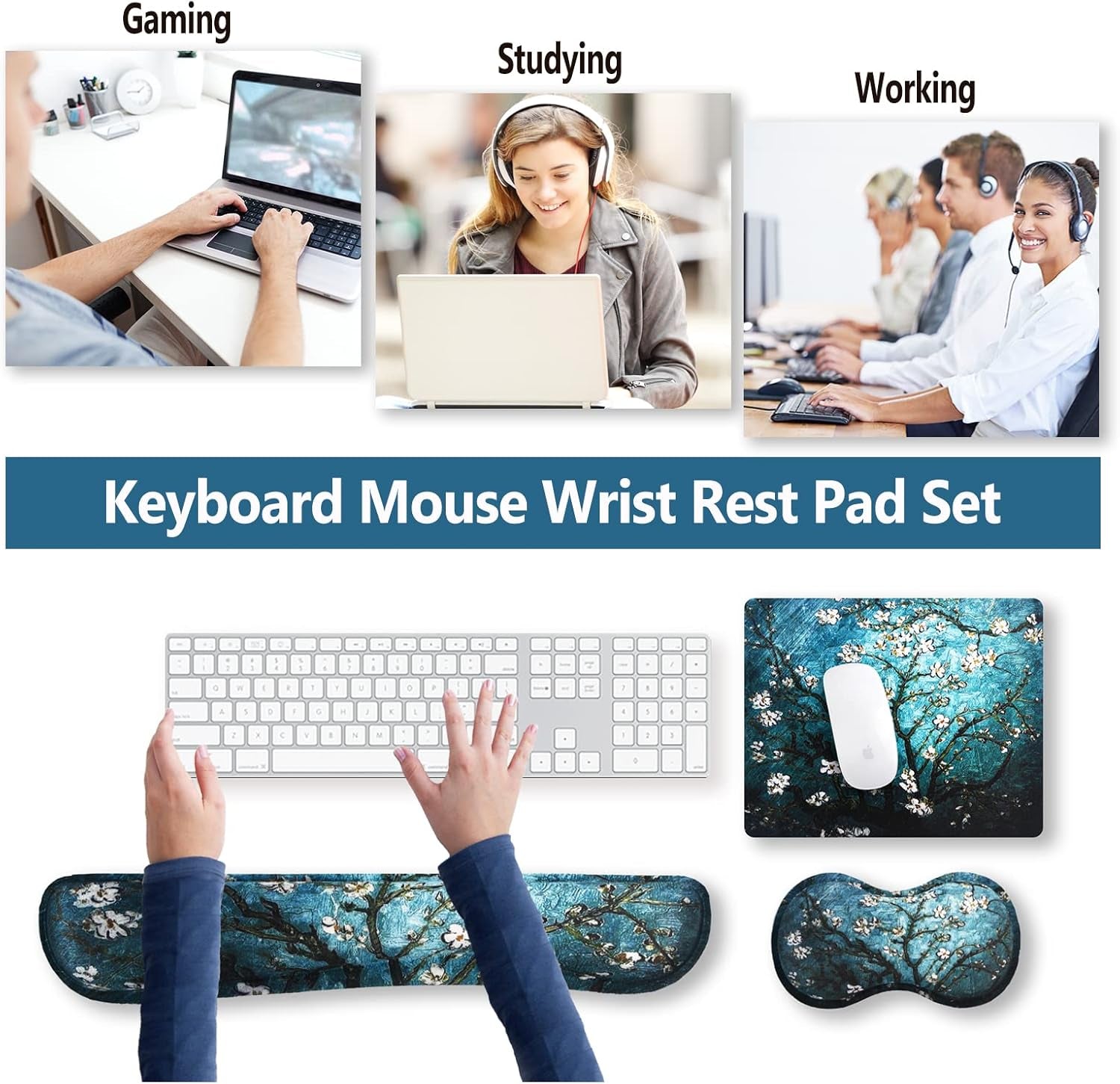 Keyboard Wrist Rest and Mouse Pad with Wrist Support Set Ergonomic Coaster, Memory Foam Mousepad Non-Slip Rubber Base Durable Comfortable for Easy Typing Pain Relief, Blue Van Gogh Painting