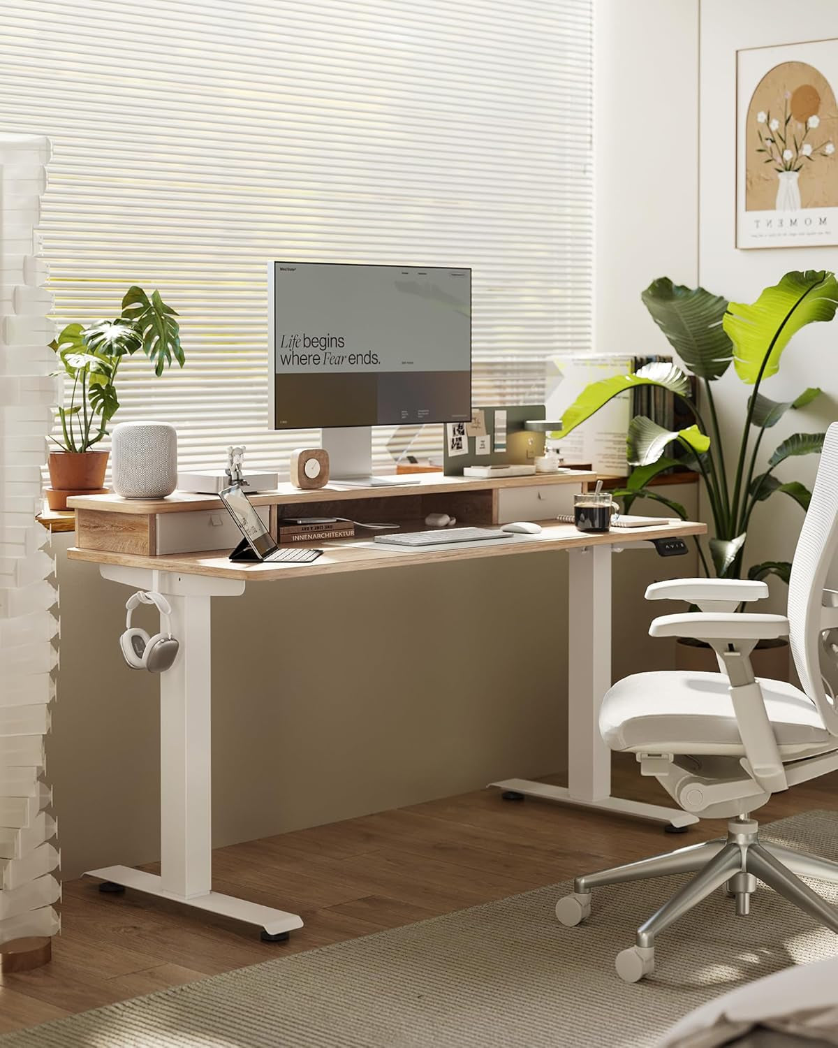 48 X 24 Inch Height Adjustable Electric Standing Desk with Double Drawer, Computer Desk, Home Office Stand up Table with 4 Height-Adjustable Feets & 2 Hooks, Maple