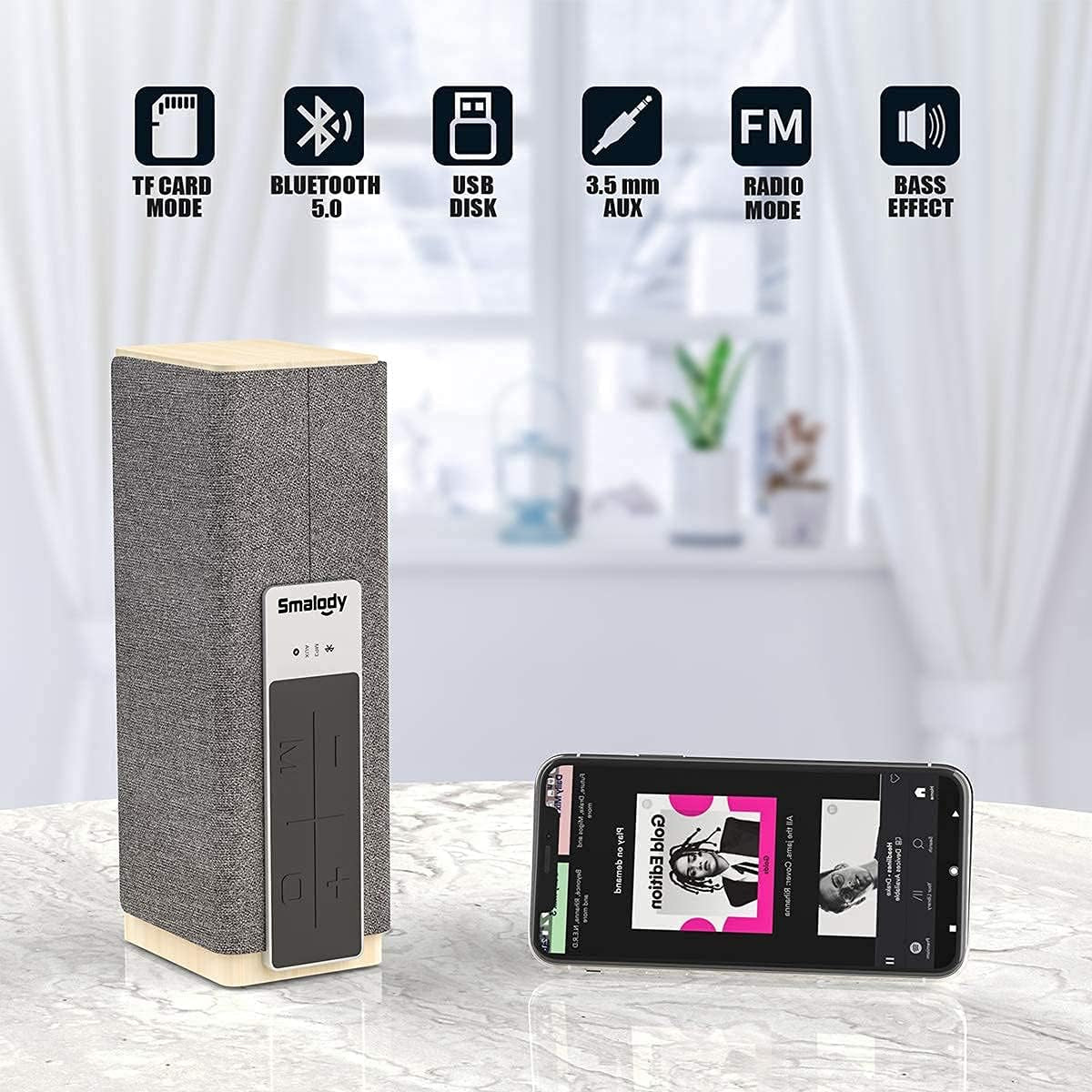 Portable Bluetooth Speakers, Wood 20W Power Wireless Speakers, Loud Stereo and Deep Bass, Dual Pairing Speaker with TF Slot AUX for Computer/Phone/Tablet/Projector (Deep Grey)