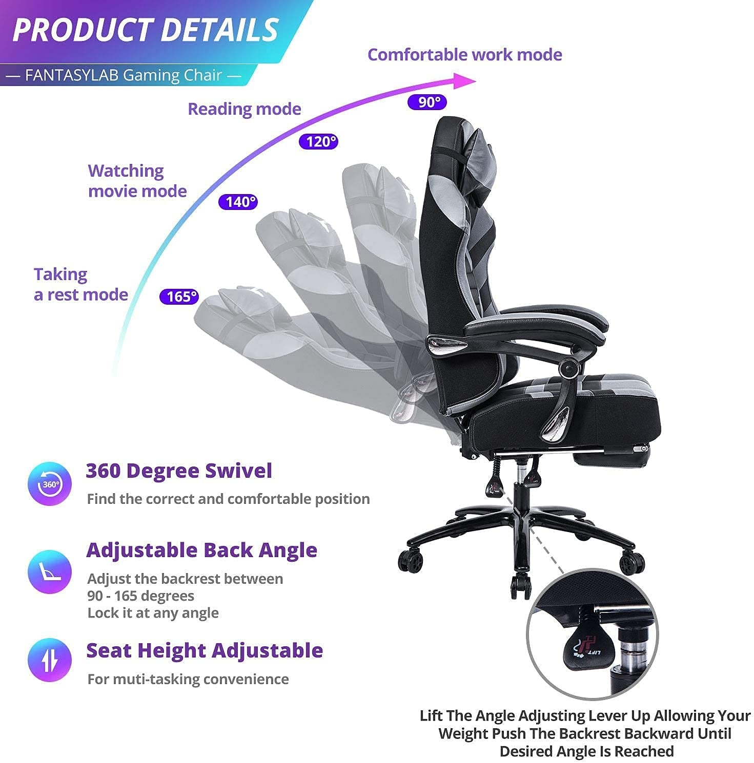 Racing Gaming Chair with Footrest Massage, 400Lb Capacity, Black, Modern Style, Ergonomic Desk Chair, Recliner, Leather Memory Foam, Office & Gaming Use