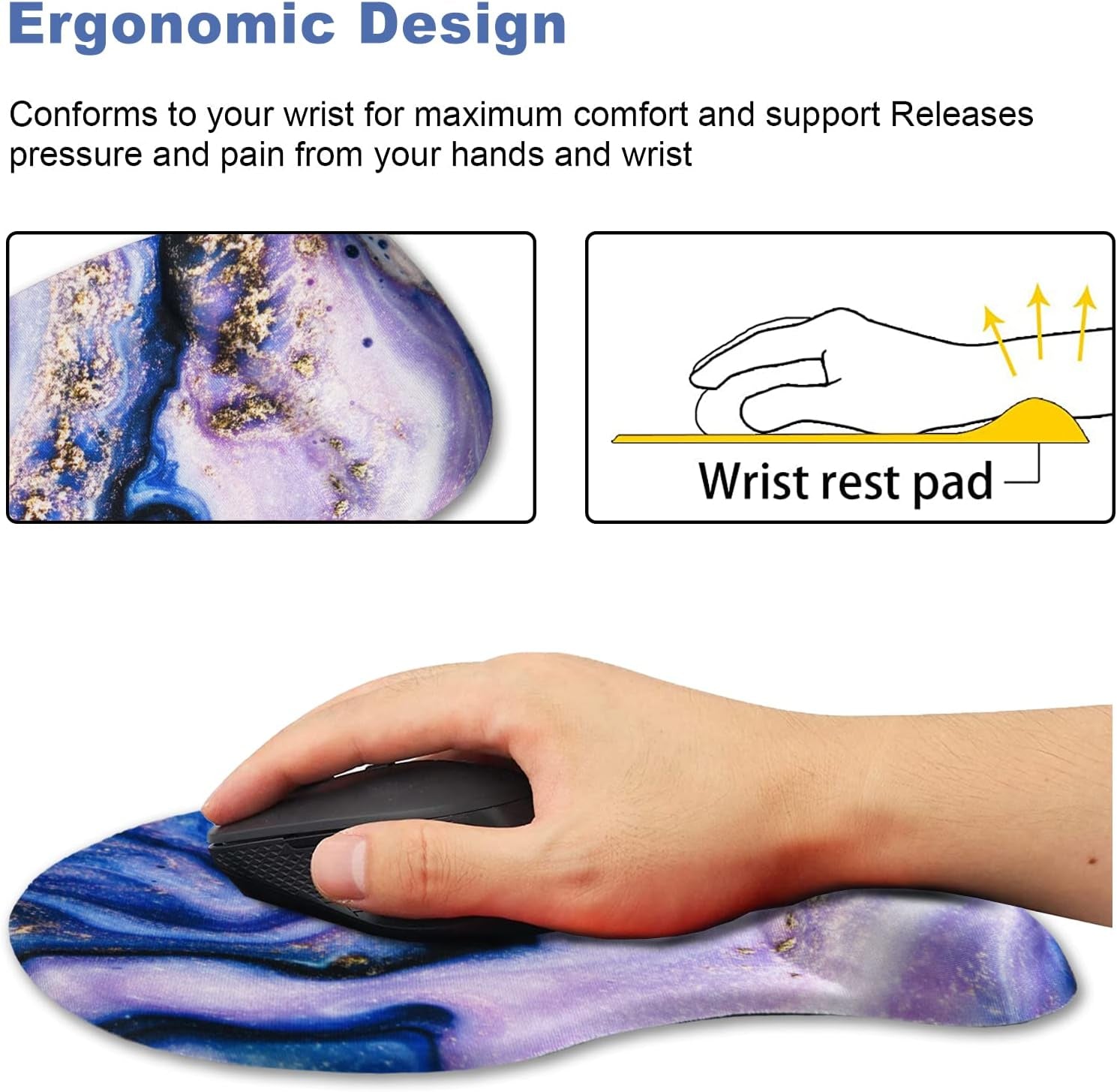 Ergonomic Mouse Pad with Wrist Support Gel Mouse Pad Wrist Rest, Non-Slip PU Base Comfortable Mousepad for Office Home Working Studying Pain Relief & Easy Typing, Purple Marble