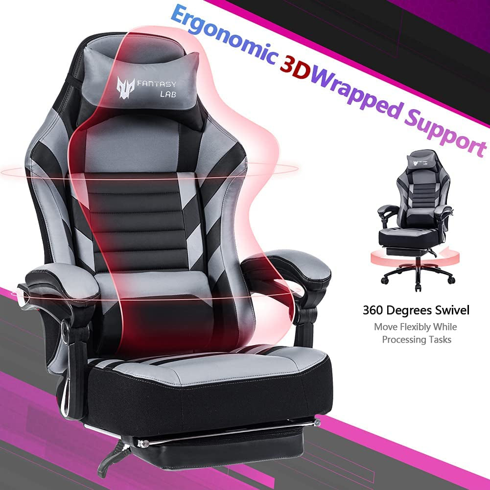 Racing Gaming Chair with Footrest Massage, 400Lb Capacity, Black, Modern Style, Ergonomic Desk Chair, Recliner, Leather Memory Foam, Office & Gaming Use