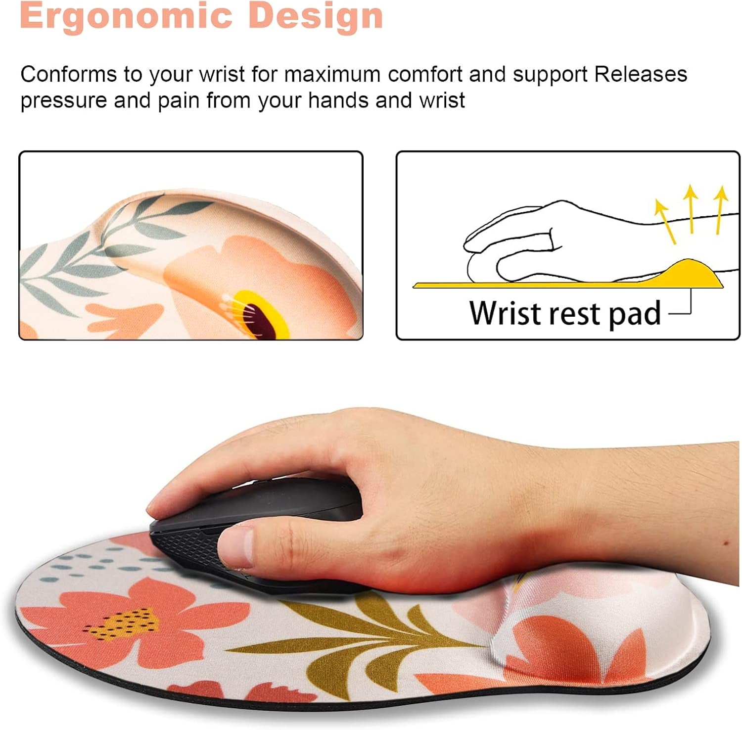 Ergonomic Mouse Pad with Wrist Rest Support, Memory Form Non-Slip Rubber Base Mousepad for Home, Office, Easy Typing & Pain Relief, Pink Flowers