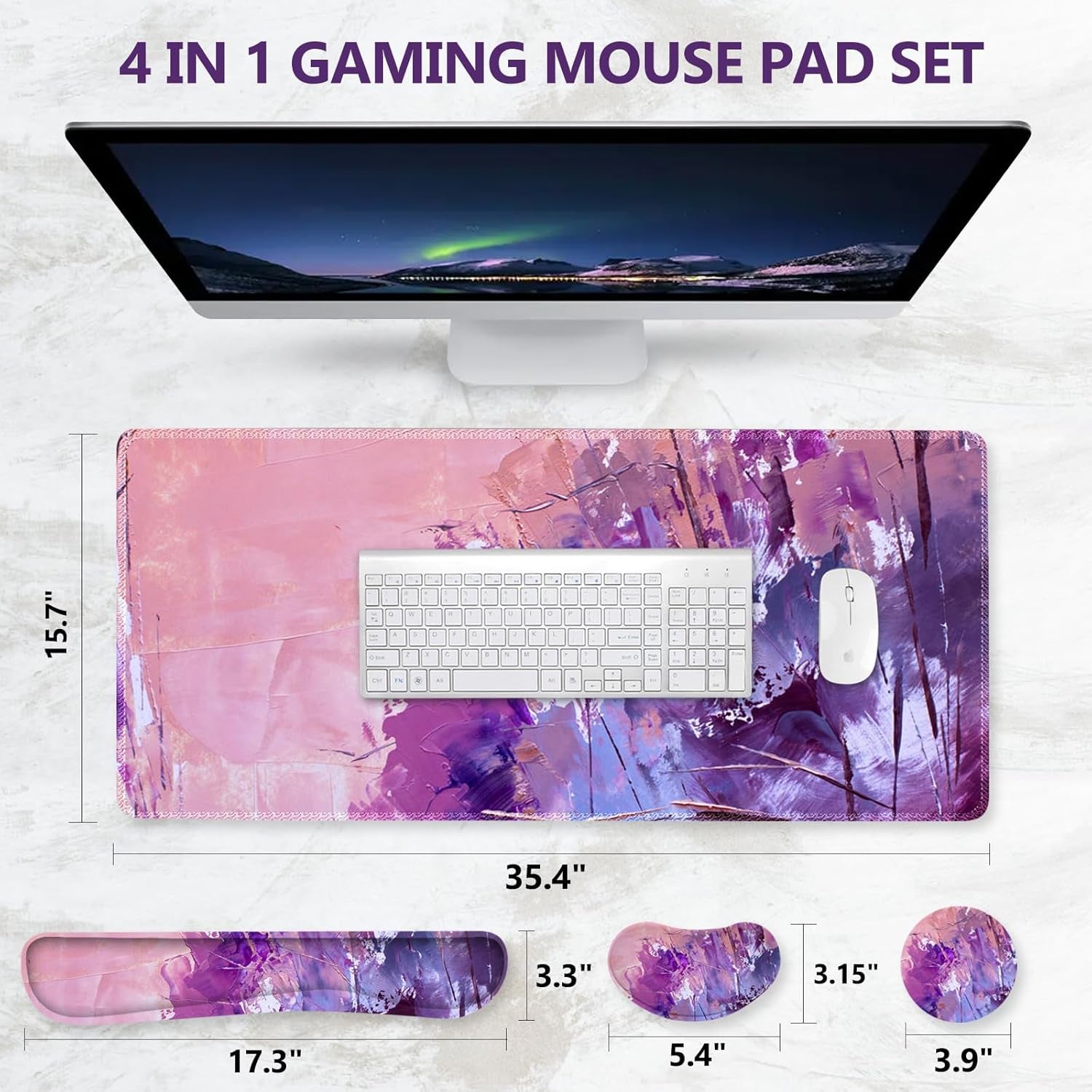 Keyboard Mouse Pad Set, Large Gaming Mousepad + Memory Foam Ergonomic Keyboard Wrist Rest Support, Easy Typing Pain Relief, 4Pcs (35.4" X 15.8") Extended Desk Mat-Abstract
