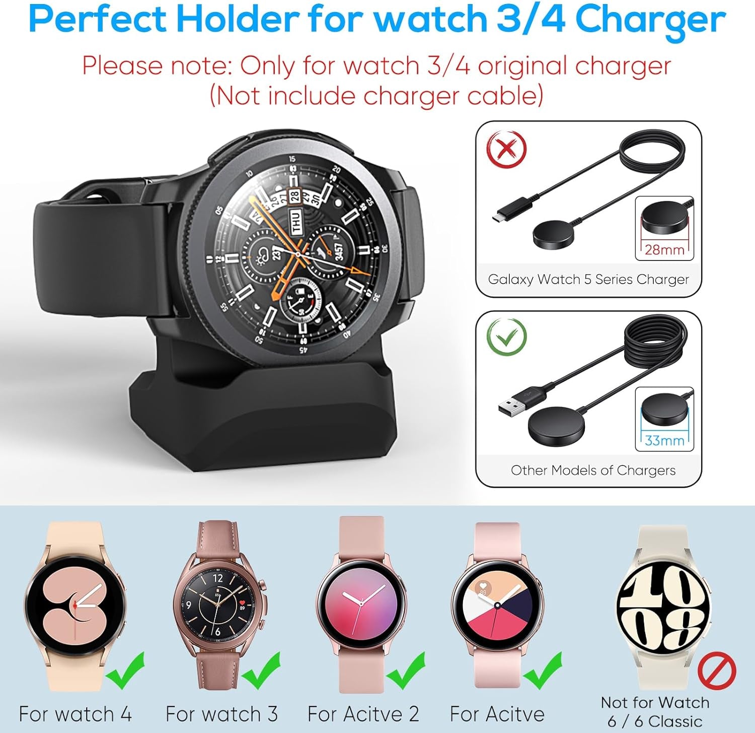 Silicone Stand for Samsung Galaxy Watch 4/Galaxy Watch 4 Classic/Galaxy Watch 3/Galaxy Active 2/Galaxy Watch Active, Non-Slip Charger Bracket Accessories Holder with Cable Management Slot- Black