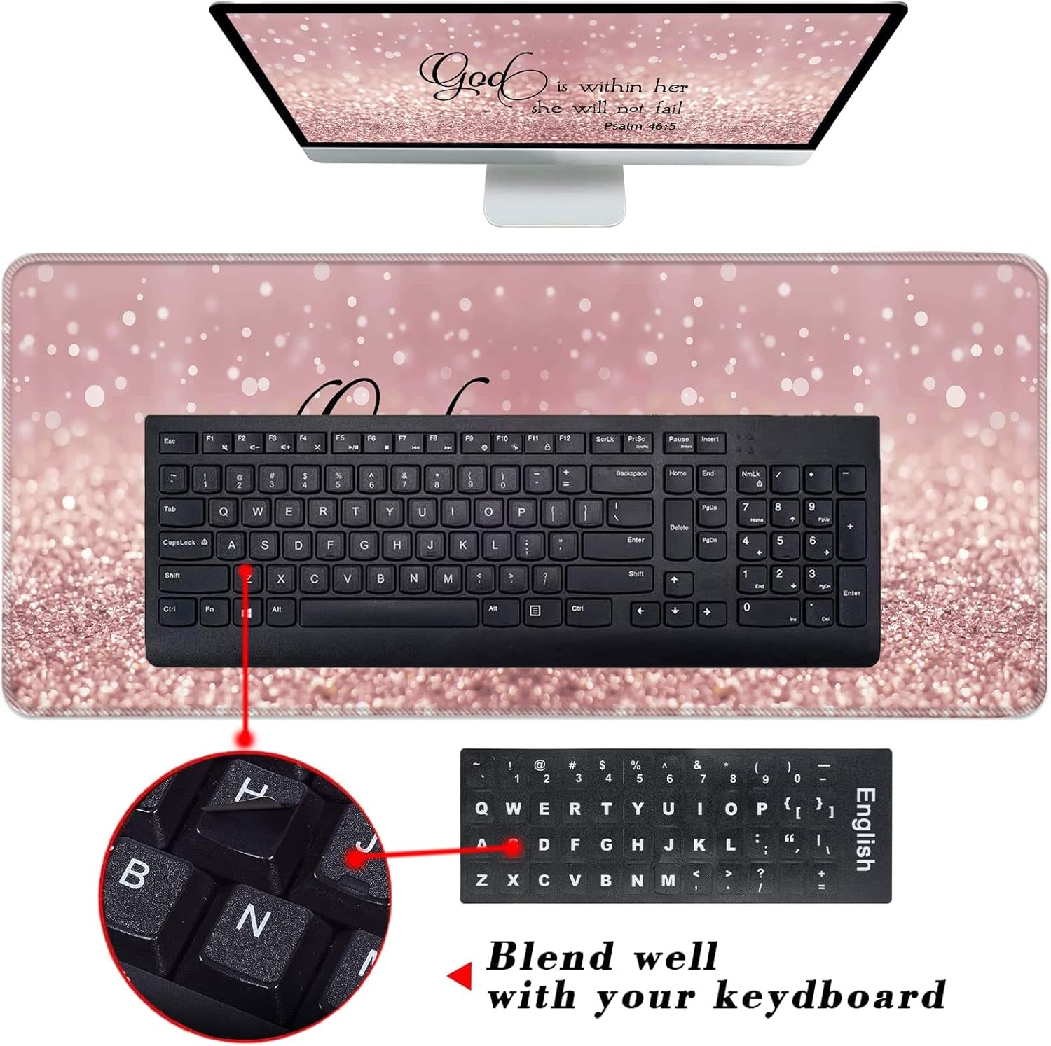 Keyboard Wrist Rest and Mouse Pad with Wrist Support Set Ergonomic Coaster,Memory Foam,Easy Typing Pain Relief,Large XL Desk Mat 31.5"X 11.8",Rose Gold Glitter Quote Bible Verse Psalm 46-5