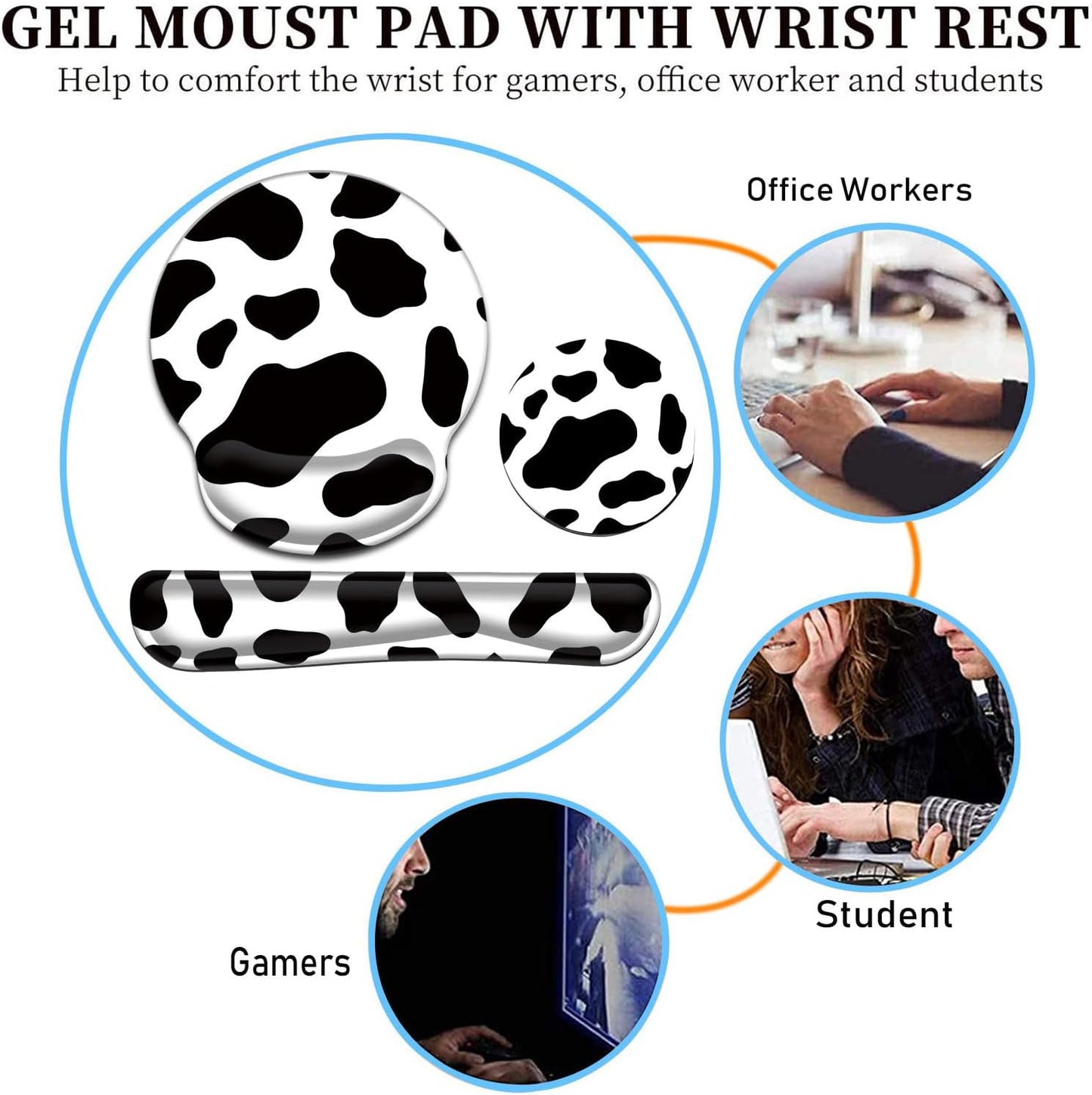 Keyboard Wrist Rest and Mouse Pad Wrist Support Set with Coasters,Ergonomic Gaming Mousepad for Home Office Working Studying Easy Typing & Pain Relief,Cow Print