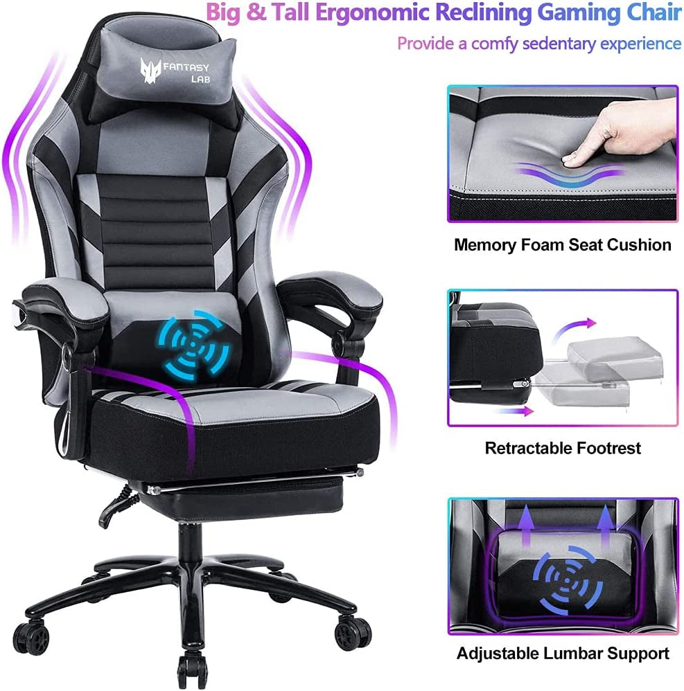 Racing Gaming Chair with Footrest Massage, 400Lb Capacity, Black, Modern Style, Ergonomic Desk Chair, Recliner, Leather Memory Foam, Office & Gaming Use