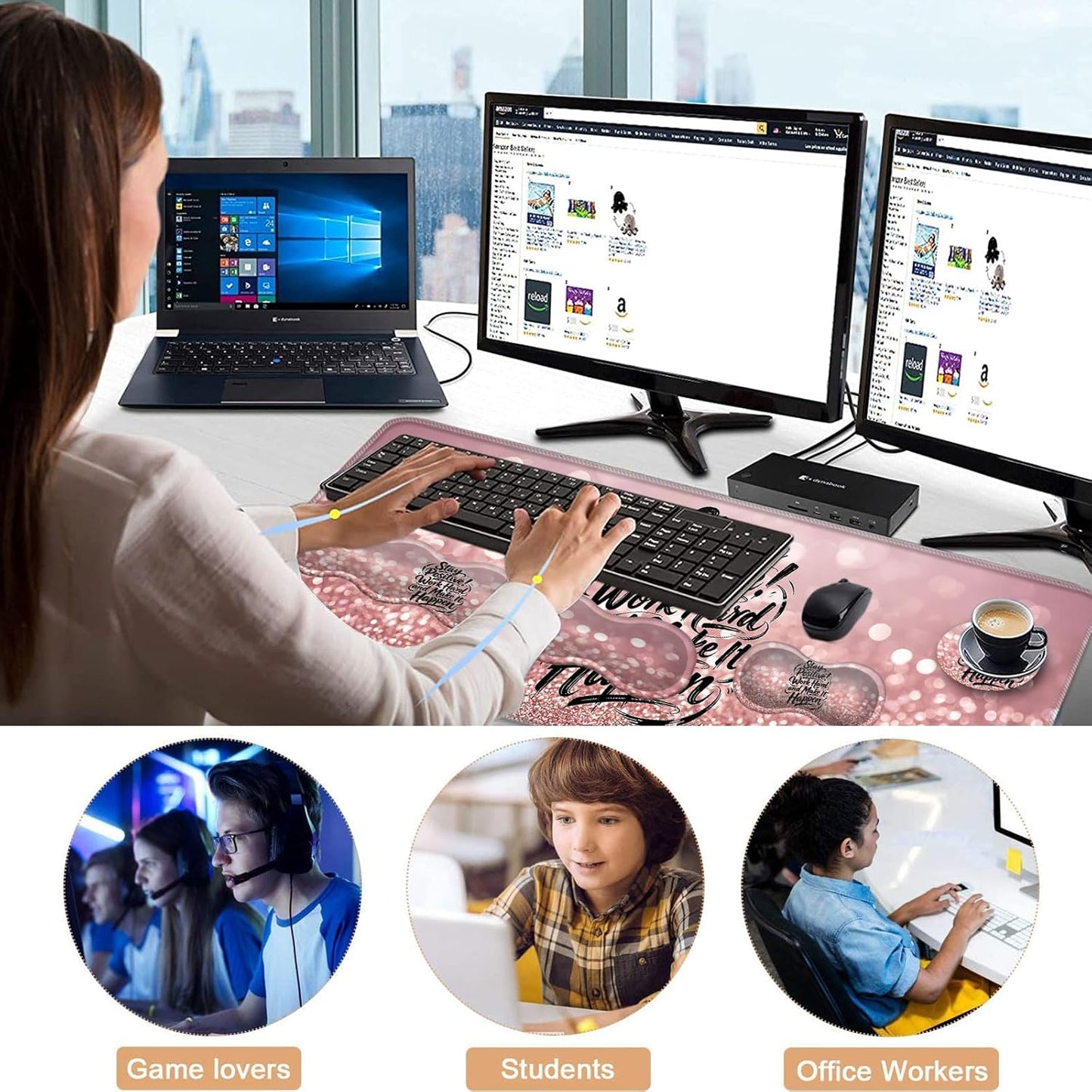 Keyboard Wrist Rest and Mouse Pad with Wrist Support Set Ergonomic Coaster,Memory Foam,Easy Typing Pain Relief,Large XL Desk Mat 31.5"X 11.8",Stay Positive Work Hard and Make It Happen Motivational