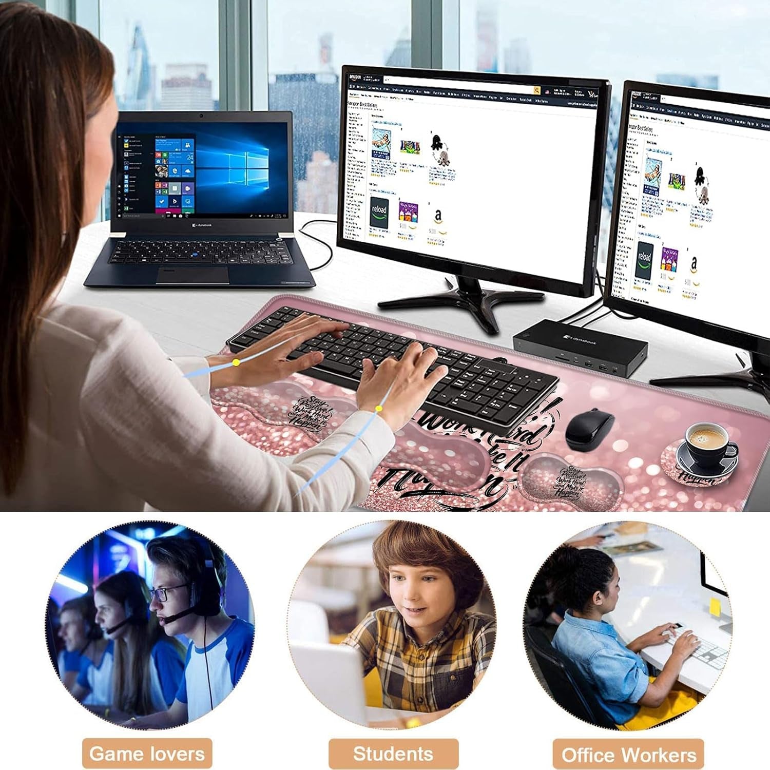 Keyboard Wrist Rest and Mouse Pad with Wrist Support Set Ergonomic Coaster,Memory Foam,Easy Typing Pain Relief,Large XL Desk Mat 31.5"X 11.8",Stay Positive Work Hard and Make It Happen Motivational