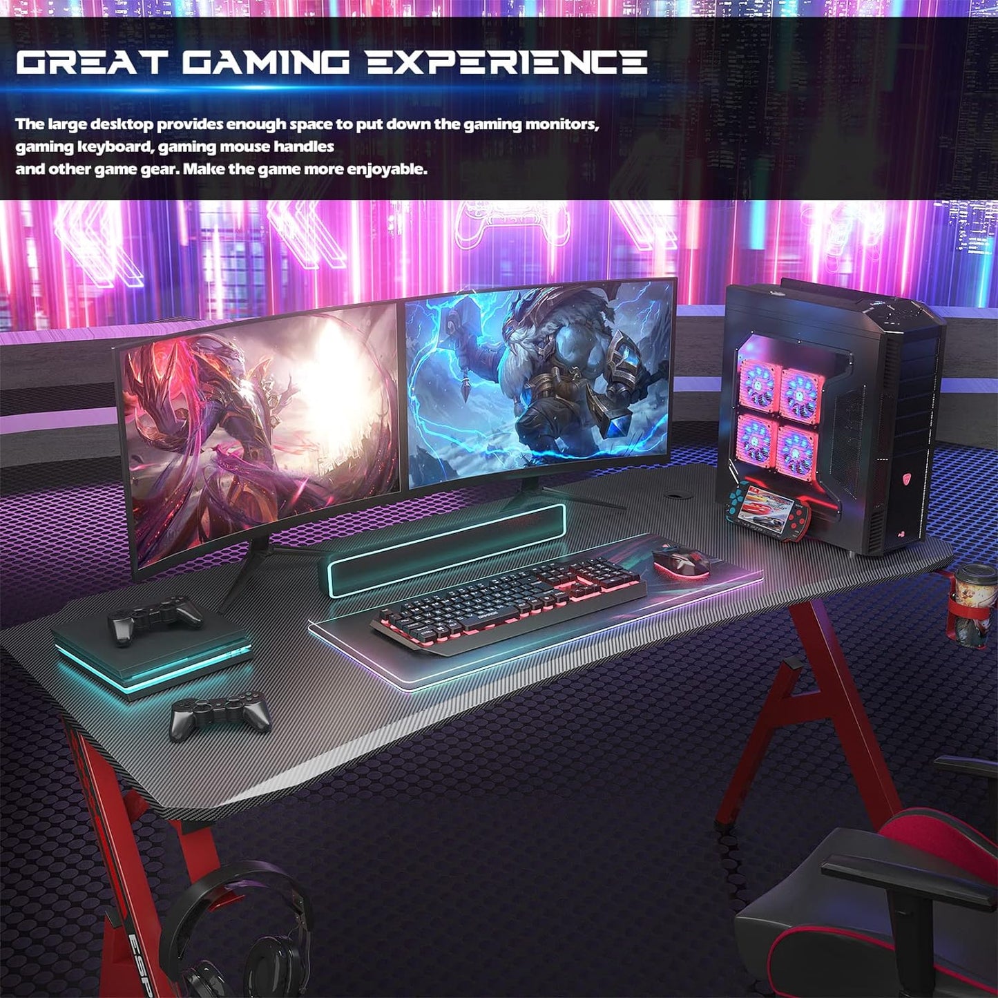 Gaming Desk 47 Inch PC Computer Desk, Home Office Desk Workstation, Professional Gaming Desk Table with Cup Holder & Headphone Hook