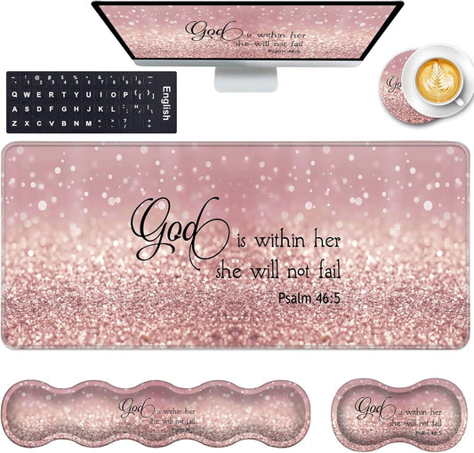 Keyboard Wrist Rest and Mouse Pad with Wrist Support Set Ergonomic Coaster,Memory Foam,Easy Typing Pain Relief,Large XL Desk Mat 31.5"X 11.8",Rose Gold Glitter Quote Bible Verse Psalm 46-5