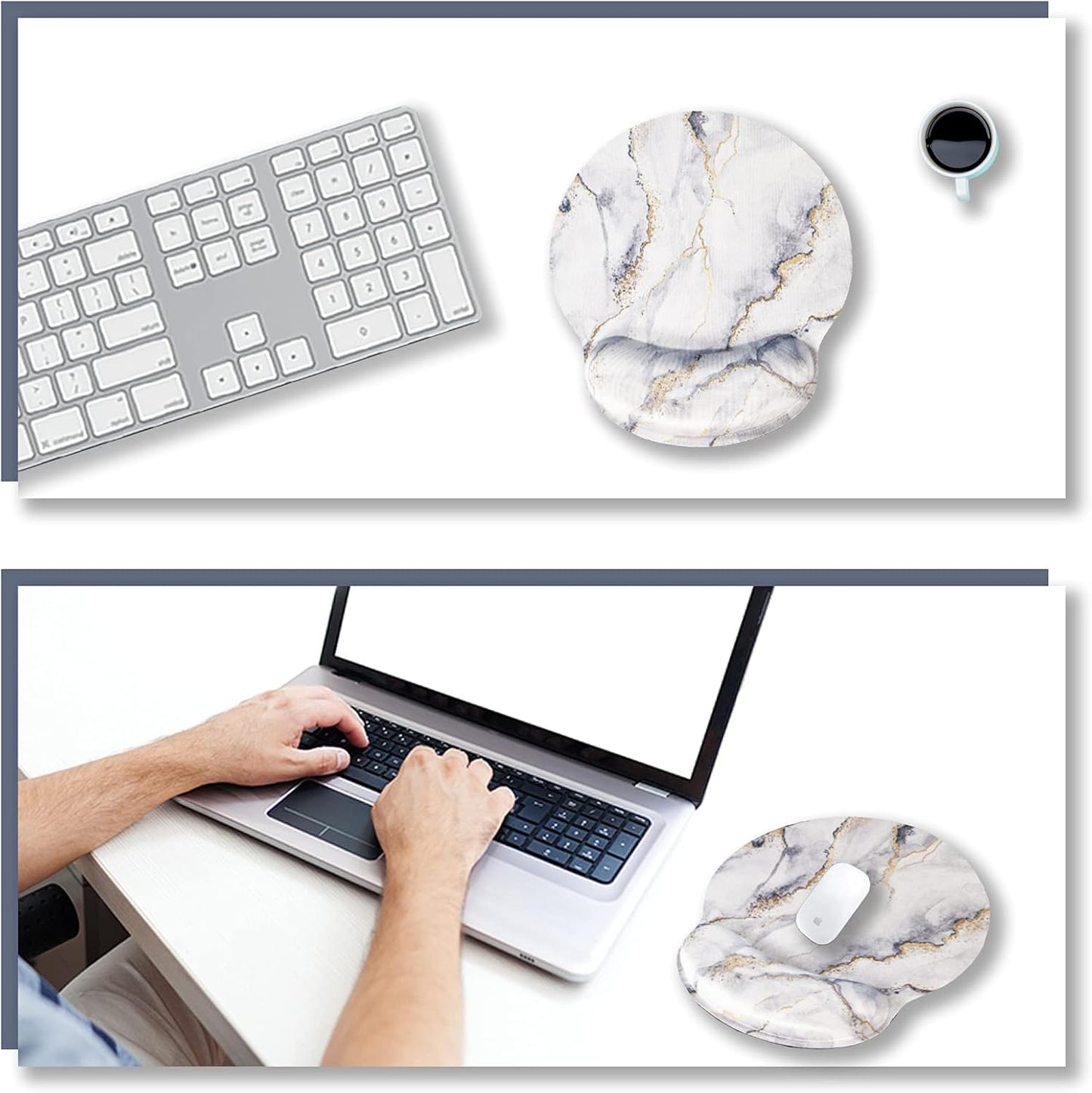 Ergonomic Mouse Pad with Wrist Rest Support Gel, Non Slip Rubber Base Pad Computer PC Laptop Women Men Mousepad for Home, Office, Gaming, Working Easy Typing, Pain Relief, Grey Marble