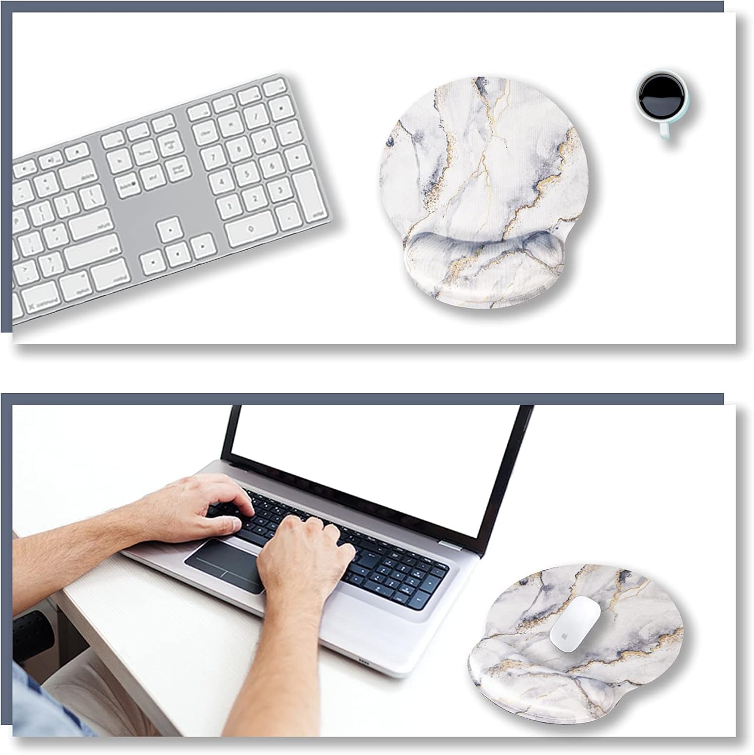 Ergonomic Mouse Pad with Wrist Rest Support Gel, Non Slip Rubber Base Pad Computer PC Laptop Women Men Mousepad for Home, Office, Gaming, Working Easy Typing, Pain Relief, Grey Marble