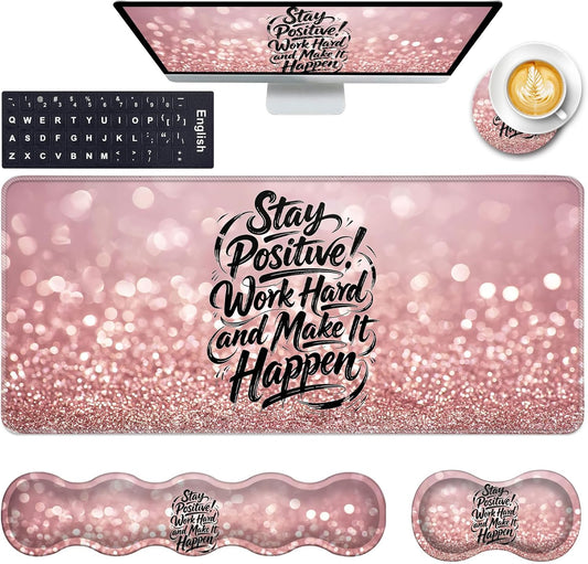 Keyboard Wrist Rest and Mouse Pad with Wrist Support Set Ergonomic Coaster,Memory Foam,Easy Typing Pain Relief,Large XL Desk Mat 31.5"X 11.8",Stay Positive Work Hard and Make It Happen Motivational