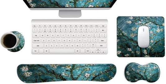 Keyboard Wrist Rest and Mouse Pad with Wrist Support Set Ergonomic Coaster, Memory Foam Mousepad Non-Slip Rubber Base Durable Comfortable for Easy Typing Pain Relief, Blue Van Gogh Painting