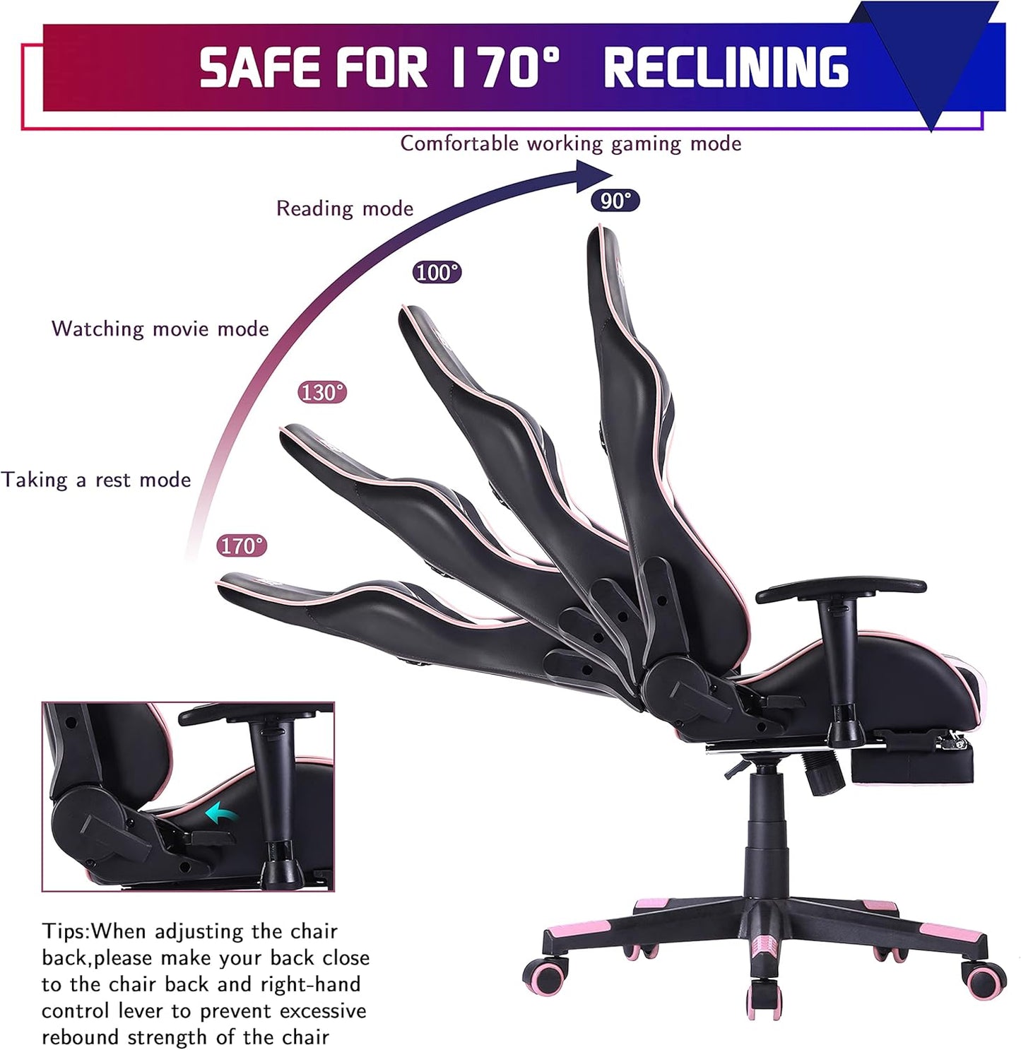 Gaming Chair,Pc Racing Chair,Video Game Chair,Height Adjustable Swivel Recliner with Footrest and Lumbar Support, Leather and Ergonomic Design Executive Office Chair,Pink