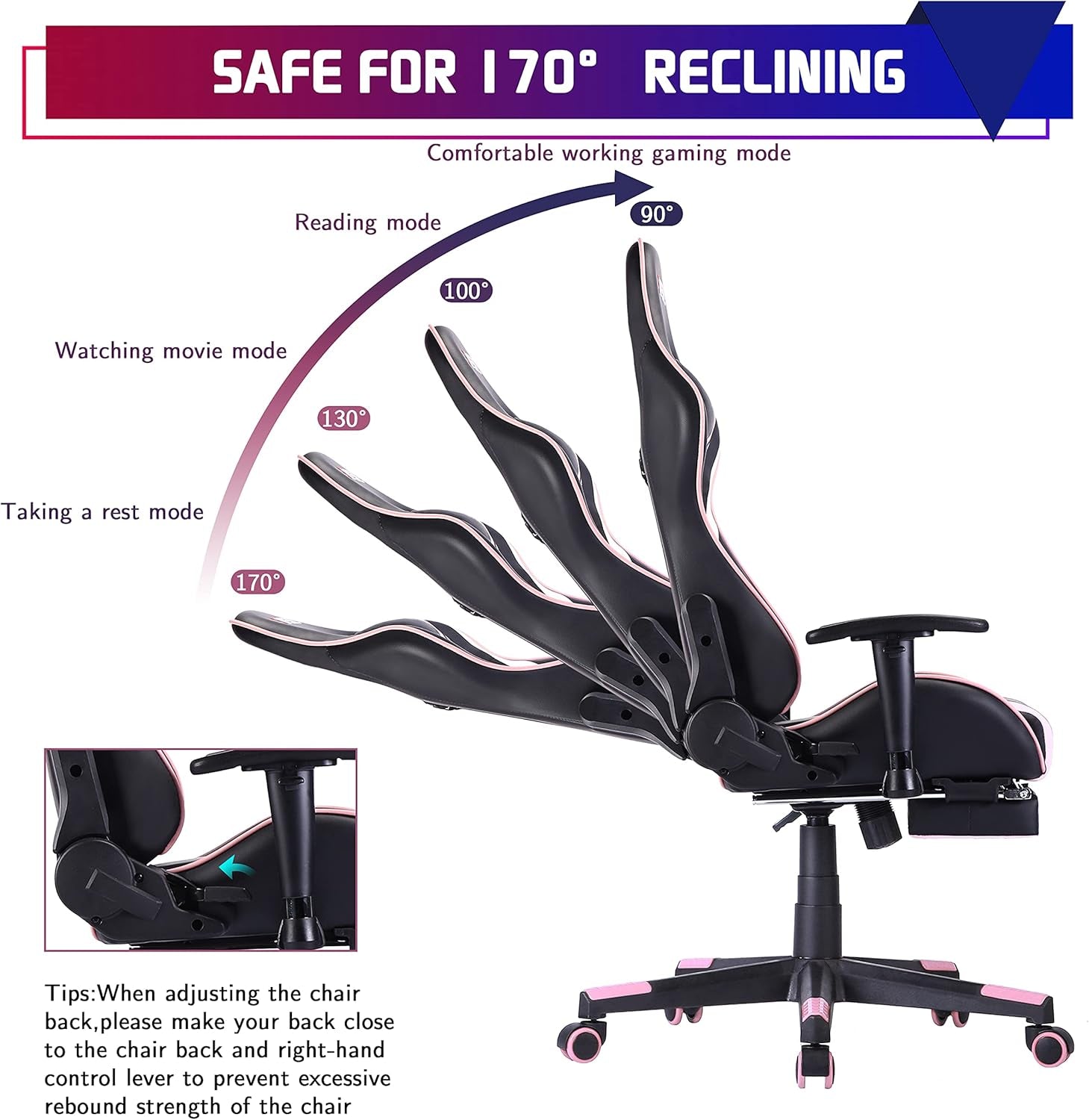 Gaming Chair,Pc Racing Chair,Video Game Chair,Height Adjustable Swivel Recliner with Footrest and Lumbar Support, Leather and Ergonomic Design Executive Office Chair,Pink