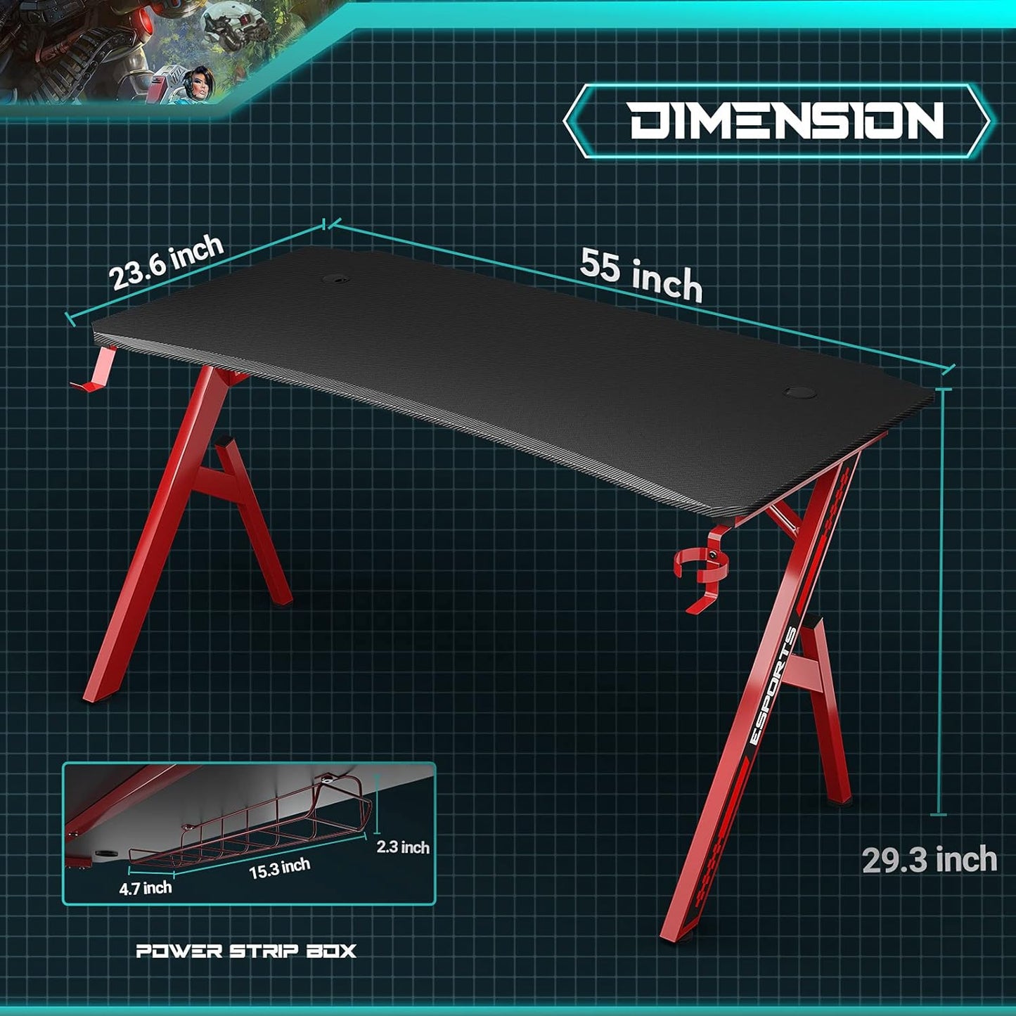 Gaming Desk 55 Inch PC Computer Desk, Home Office Desk Workstation, Professional Gaming Desk Table with Cup Holder & Headphone Hook