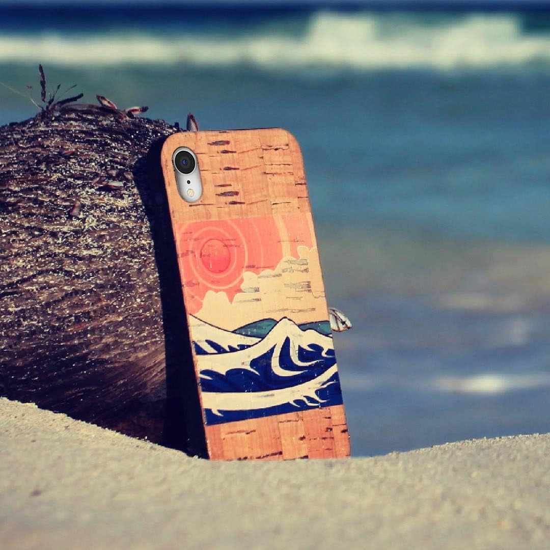 Cork Wood Case Compatible with Iphone XR - Izu Cork Wood Case Shop - Natural Cork Leather, Eco-Friendly Design (Cork, XR) (Japanese Ocean Sunset Print)