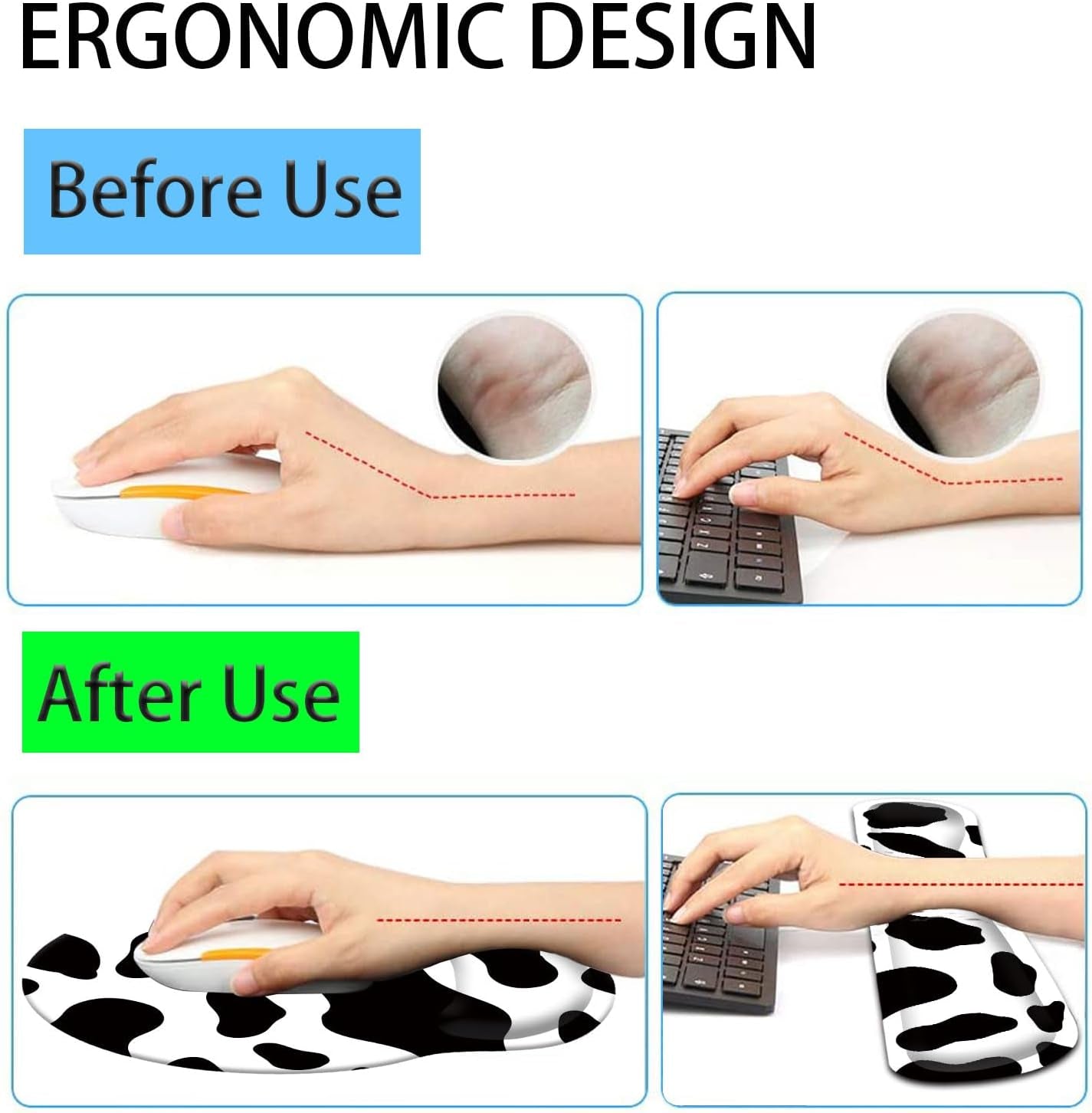 Keyboard Wrist Rest and Mouse Pad Wrist Support Set with Coasters,Ergonomic Gaming Mousepad for Home Office Working Studying Easy Typing & Pain Relief,Cow Print
