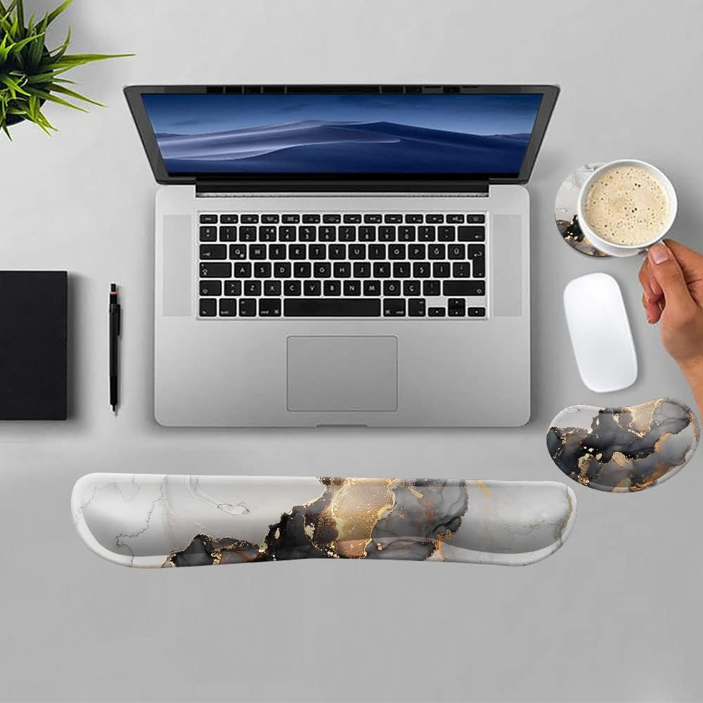 Keyboard Wrist Rest Support Pad , with Comfortable Memory Foam, Easy Typing Pain Relief, Set for Computer, PC Gaming, Laptop Mac Home & Office Marble Black Gold